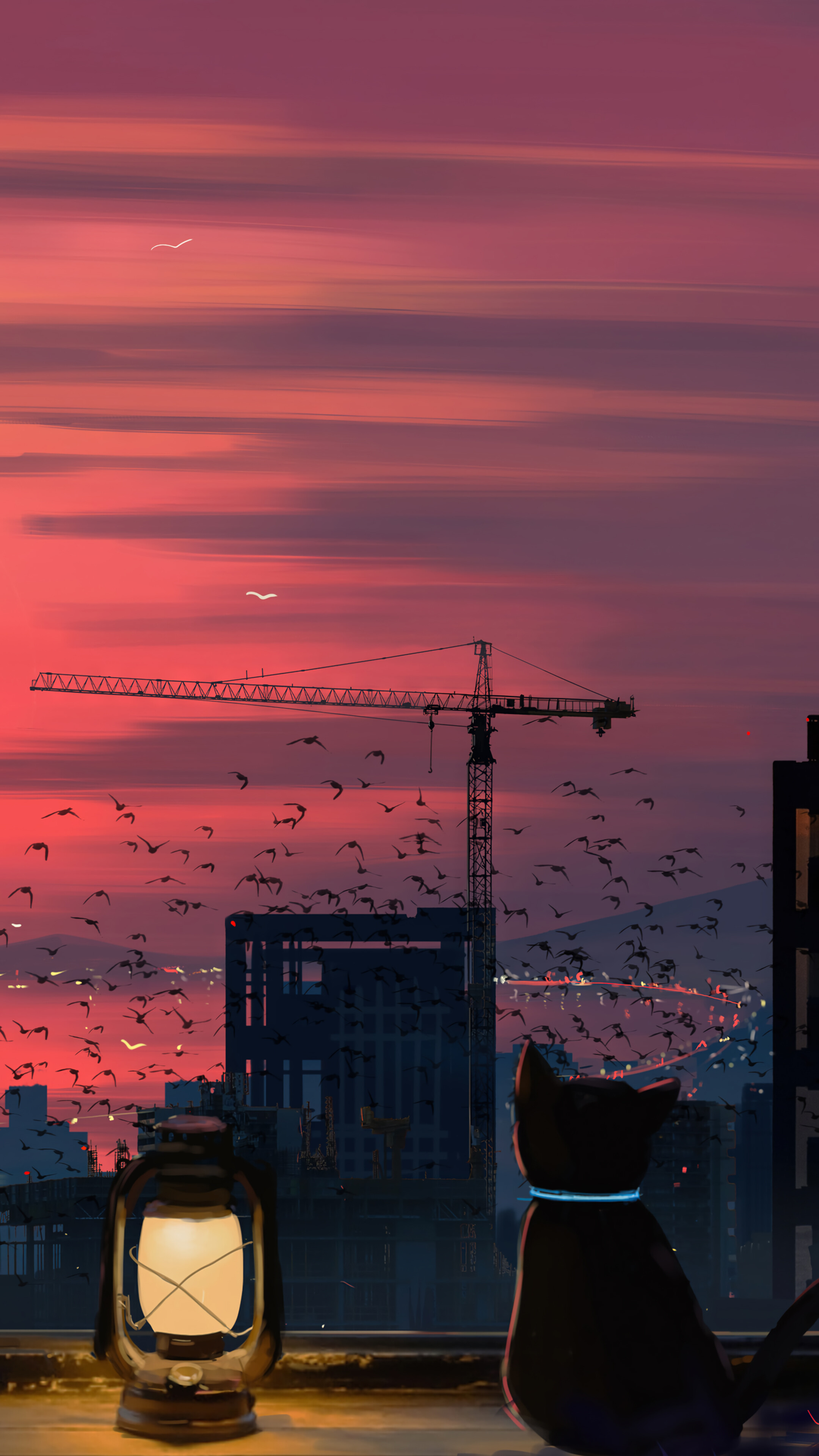 Cat Sunset City Scenery Anime Art 4K Wallpaper iPhone HD Phone i