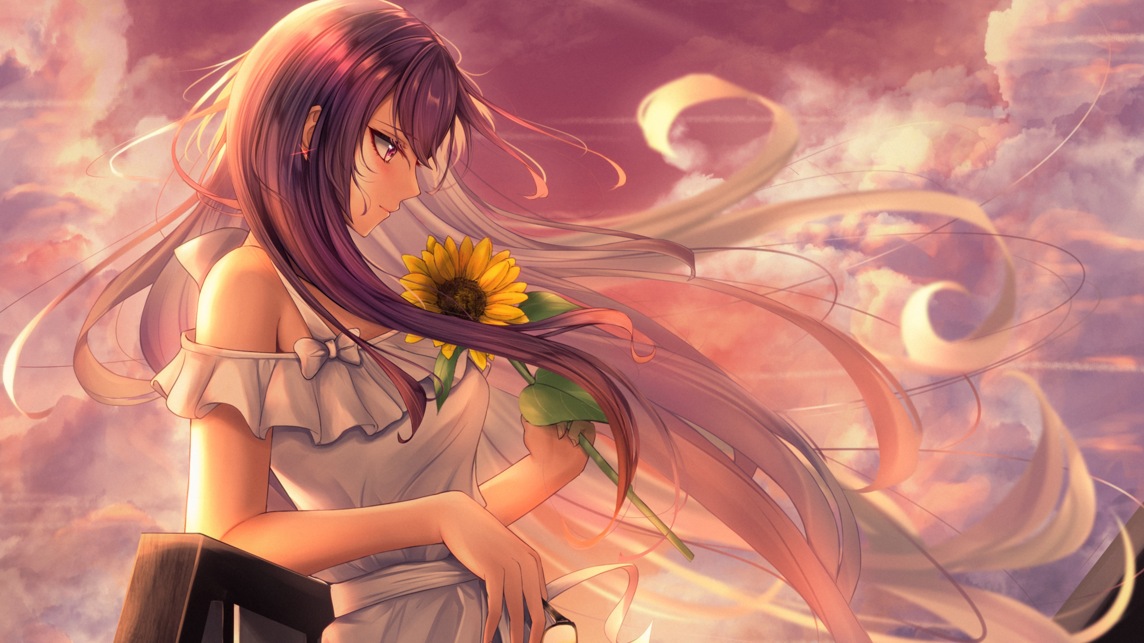 Anime girl Wallpaper 4K, Happy Mood, Sunflower, Alone, 5K