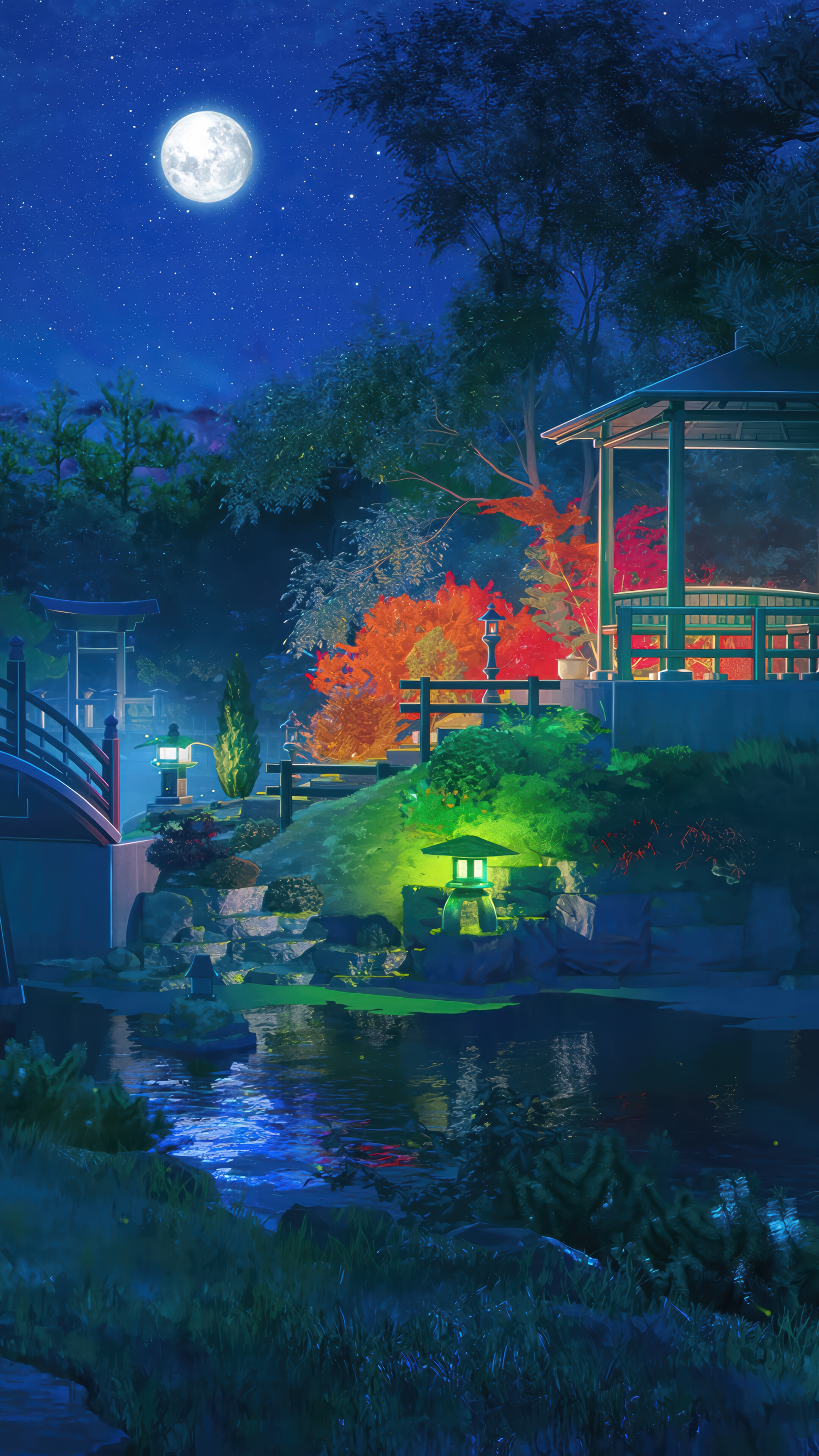 Japanese Garden Night Full Moon 4K Wallpaper iPhone HD Phone g
