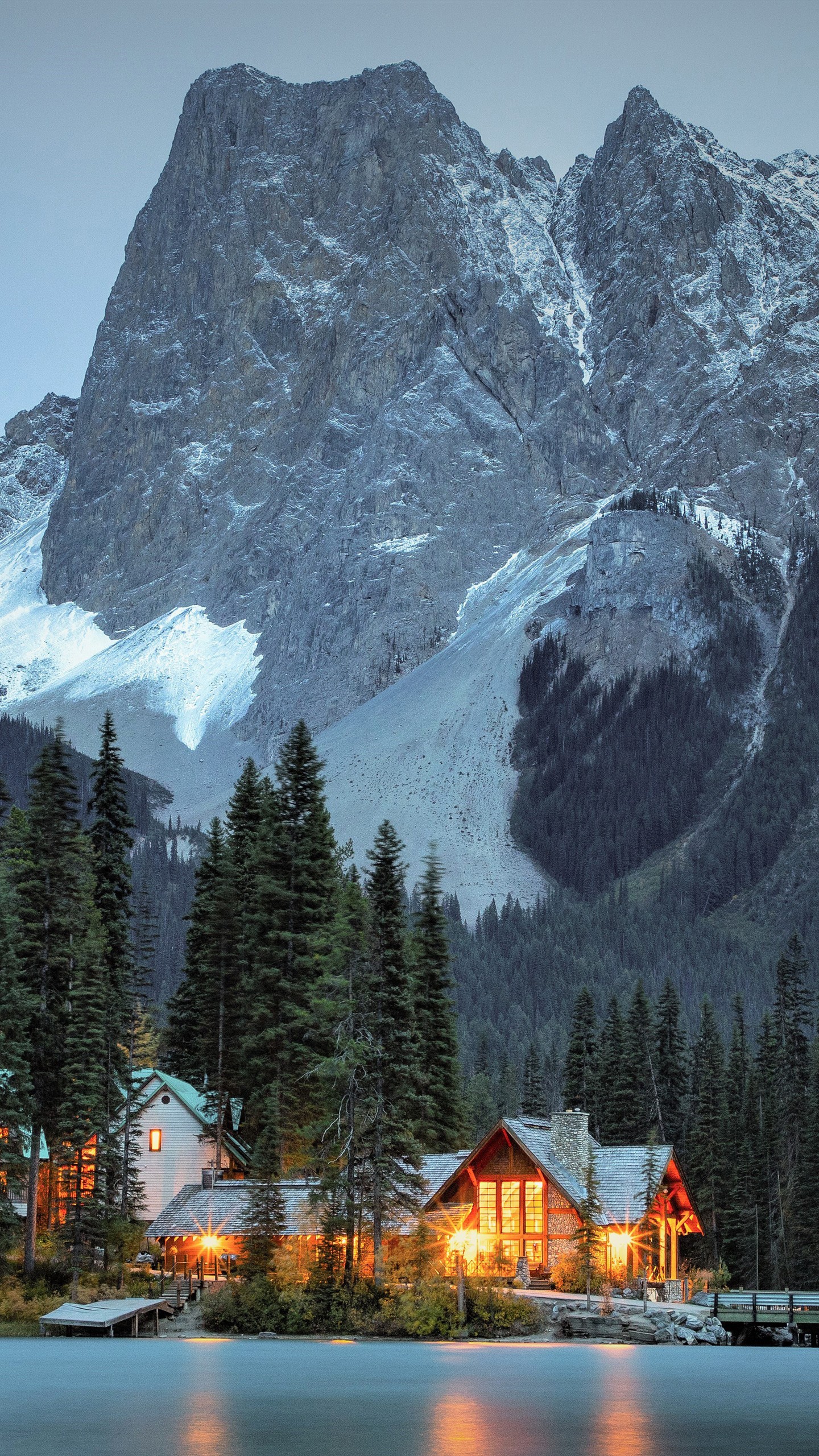 Trees House And Bridge Under British Columbia Canadian Rocky Mountain And Yoho National Park 4K 5K HD Nature Wallpaper