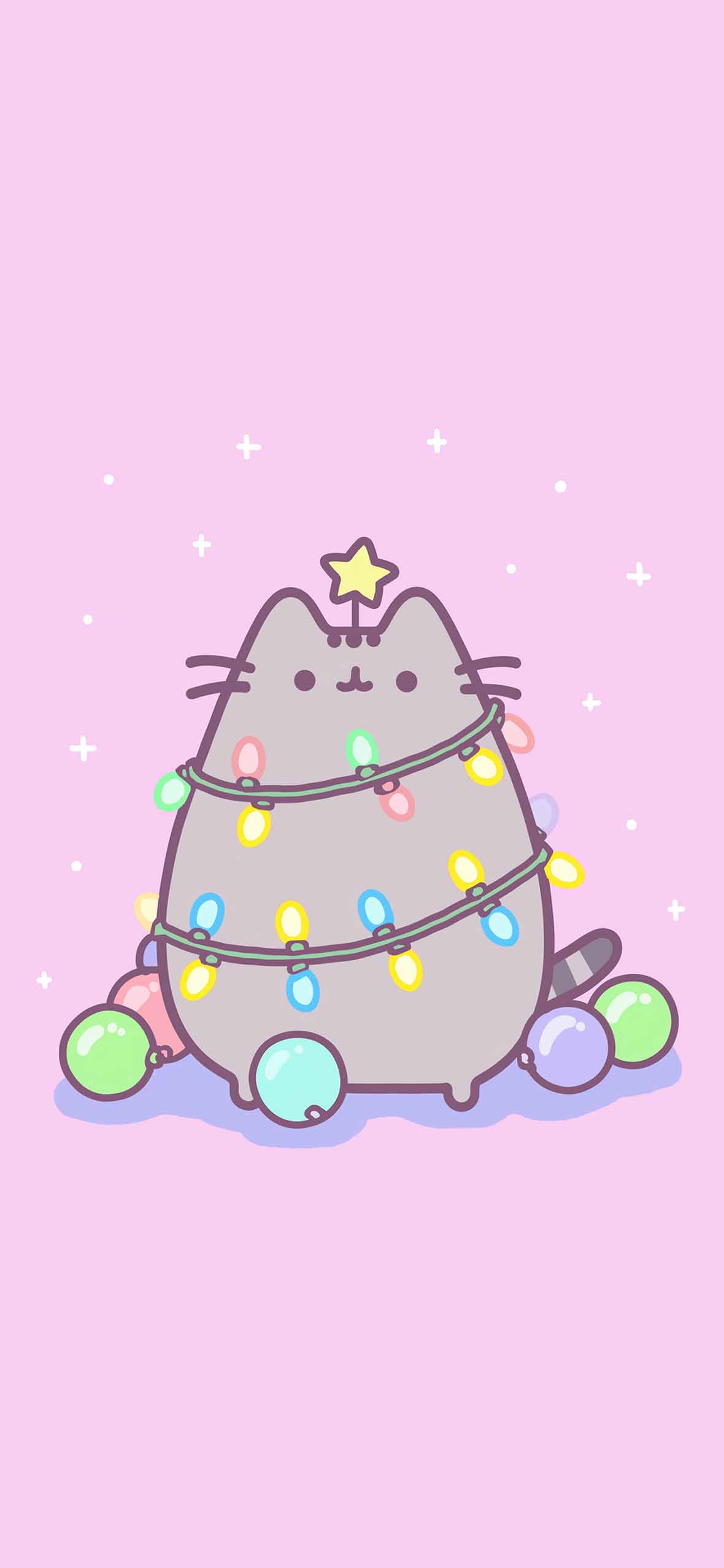 Pusheen Christmas Lights Pink Cute Wallpaper