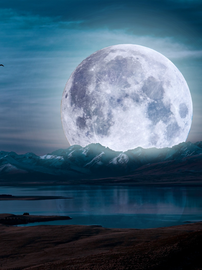 Moon Wallpaper 4K, Aesthetic, Night, Landscape, Lake