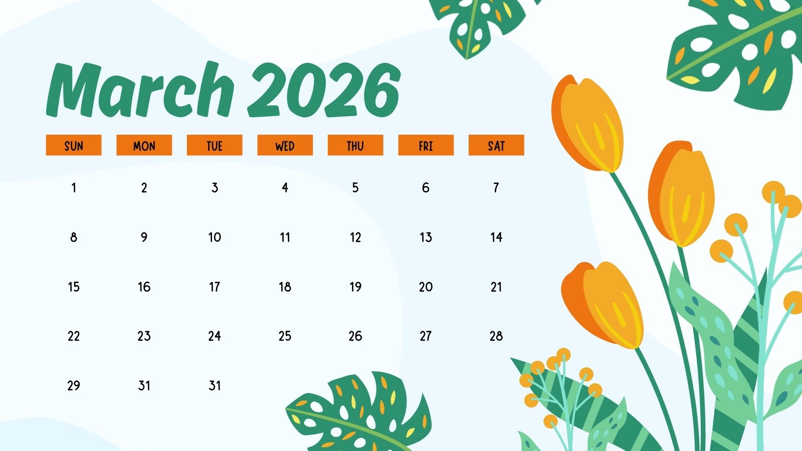 Free to edit and print March 2026 calendar