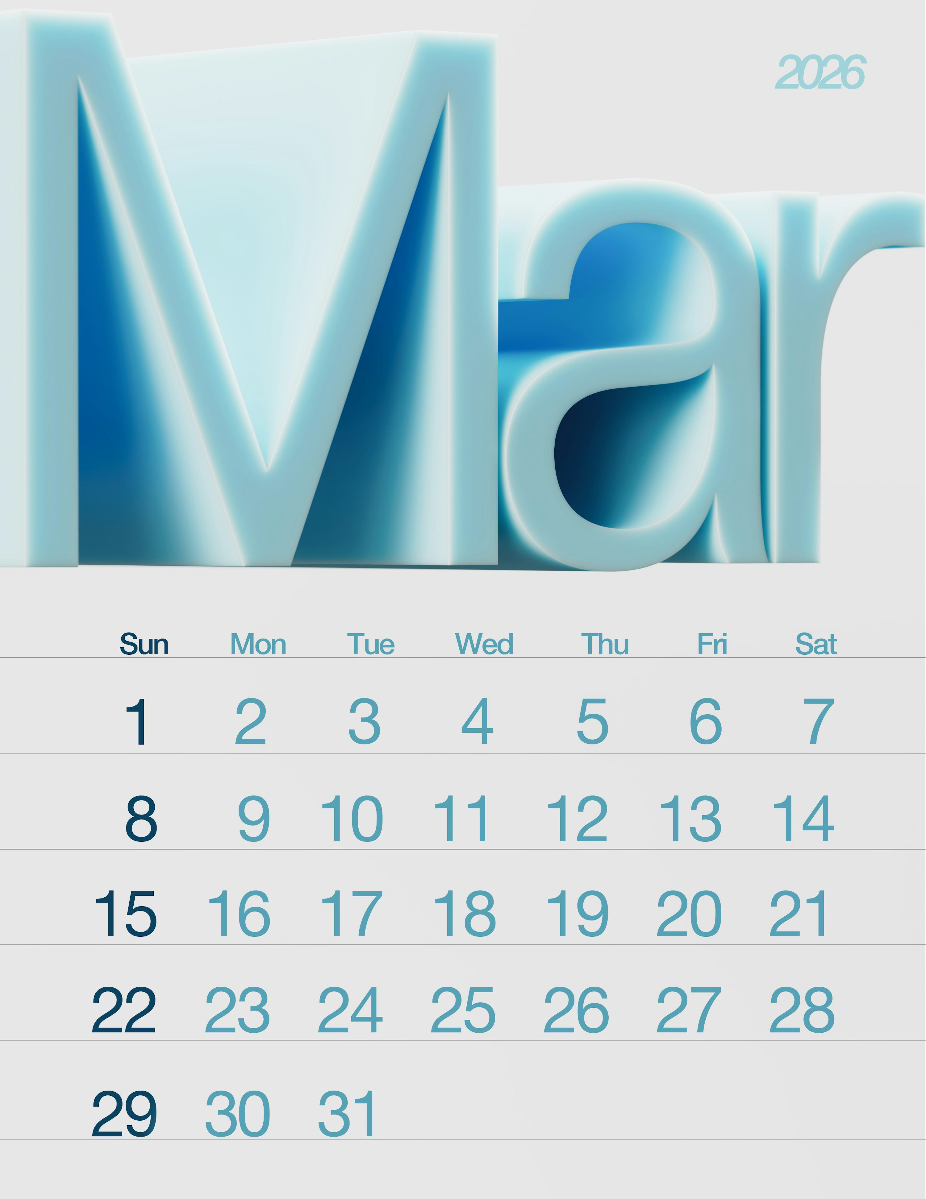 March 2026 calendar with large blue 3D letters photo