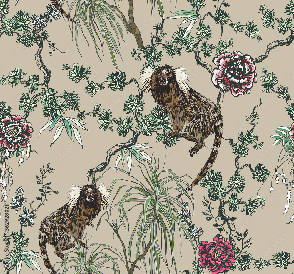 Vetor do Stock Chinoiserie Monkeys in Floral Trees, Oriental Chinese Wallpaper, Wildlife in Tropical Plants and Rose Flowers on Beige Background, Engraving Asian Liana Seamless Pattern