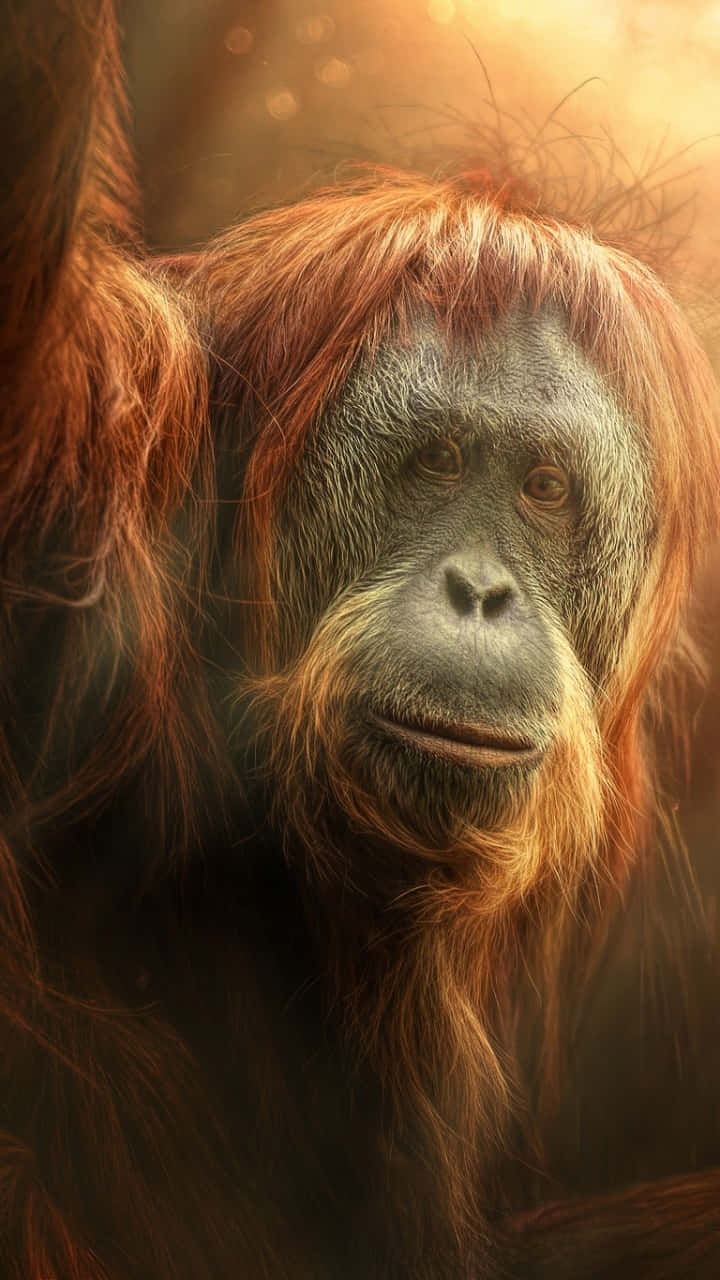 Download Caption: Majestic Orangutan Hanging Around in the Asian Wilderness Wallpaper