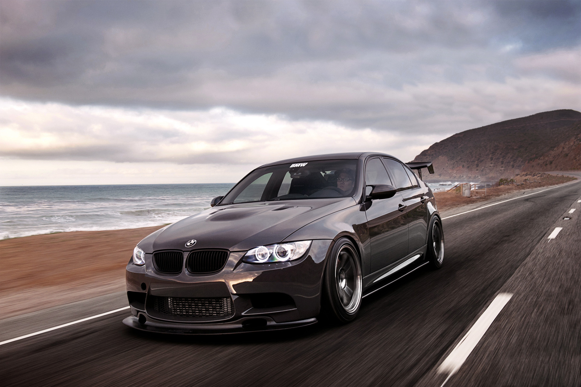 Wallpaper road, sea, beach, BMW, speed, BMW, black, Front for mobile and desktop, section bmw, resolution 1920x1278