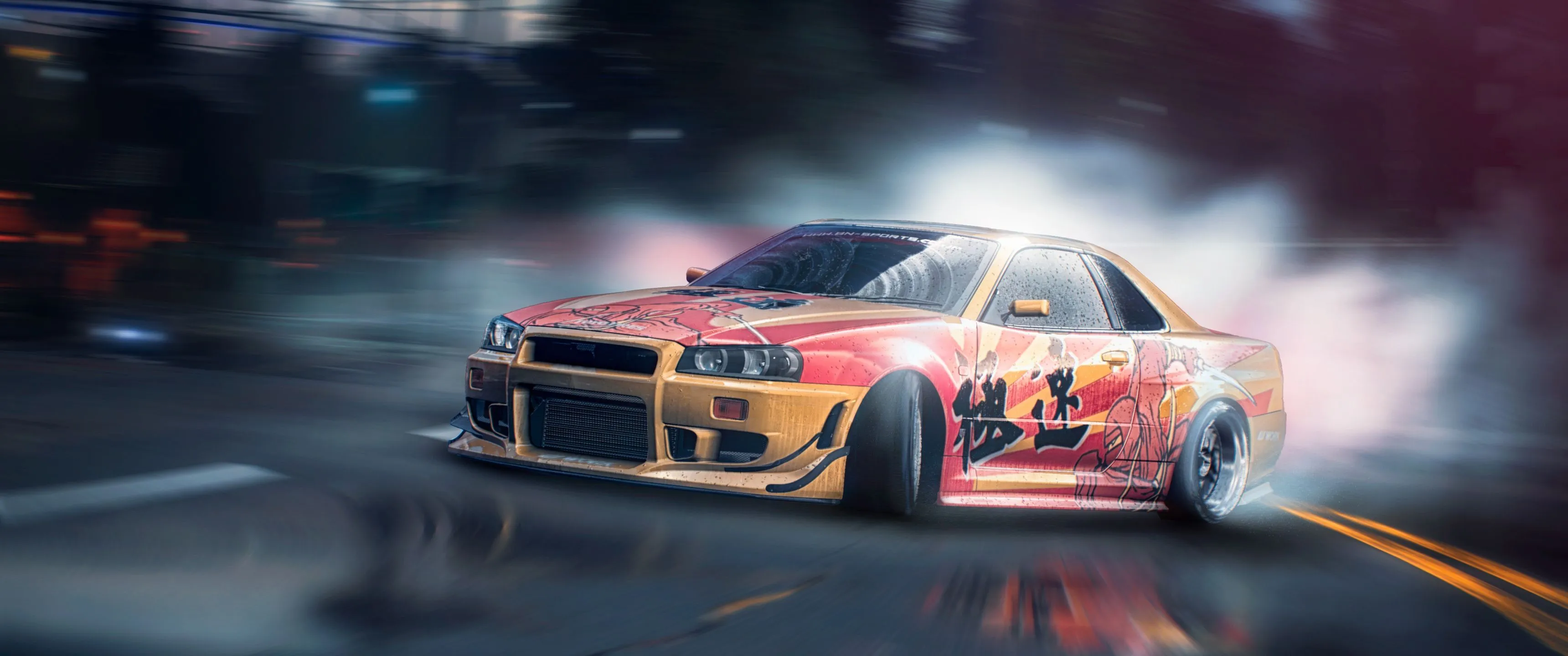 Download Drift on nissan, Drift, Nissan, Tuning, Skyline, R34, Nfs, Game, Art, Game, 2K, 3K Wallpaper in 3440x1440 Resolution