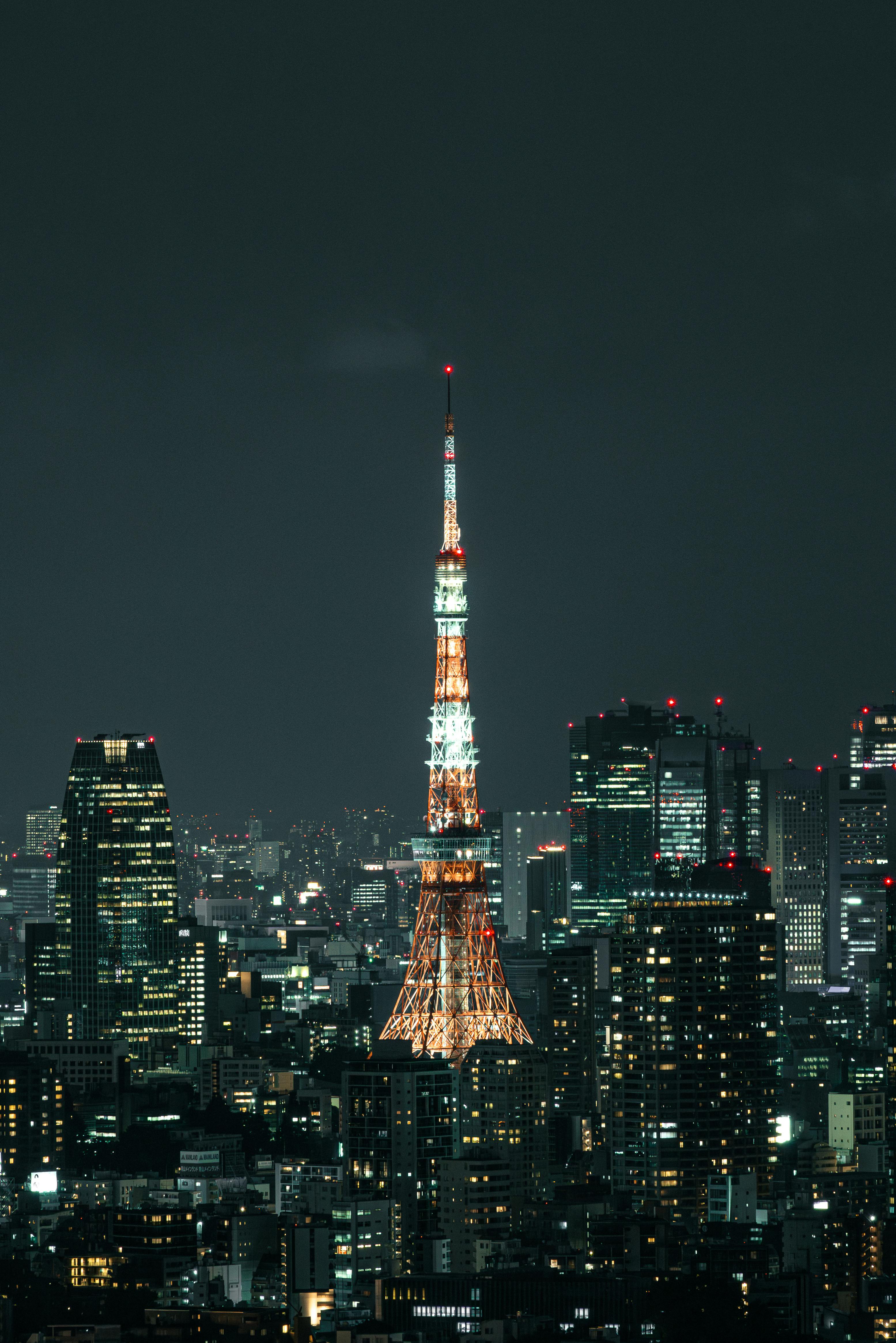 Tokyo Tower Illuminated at Night Skyline · Free