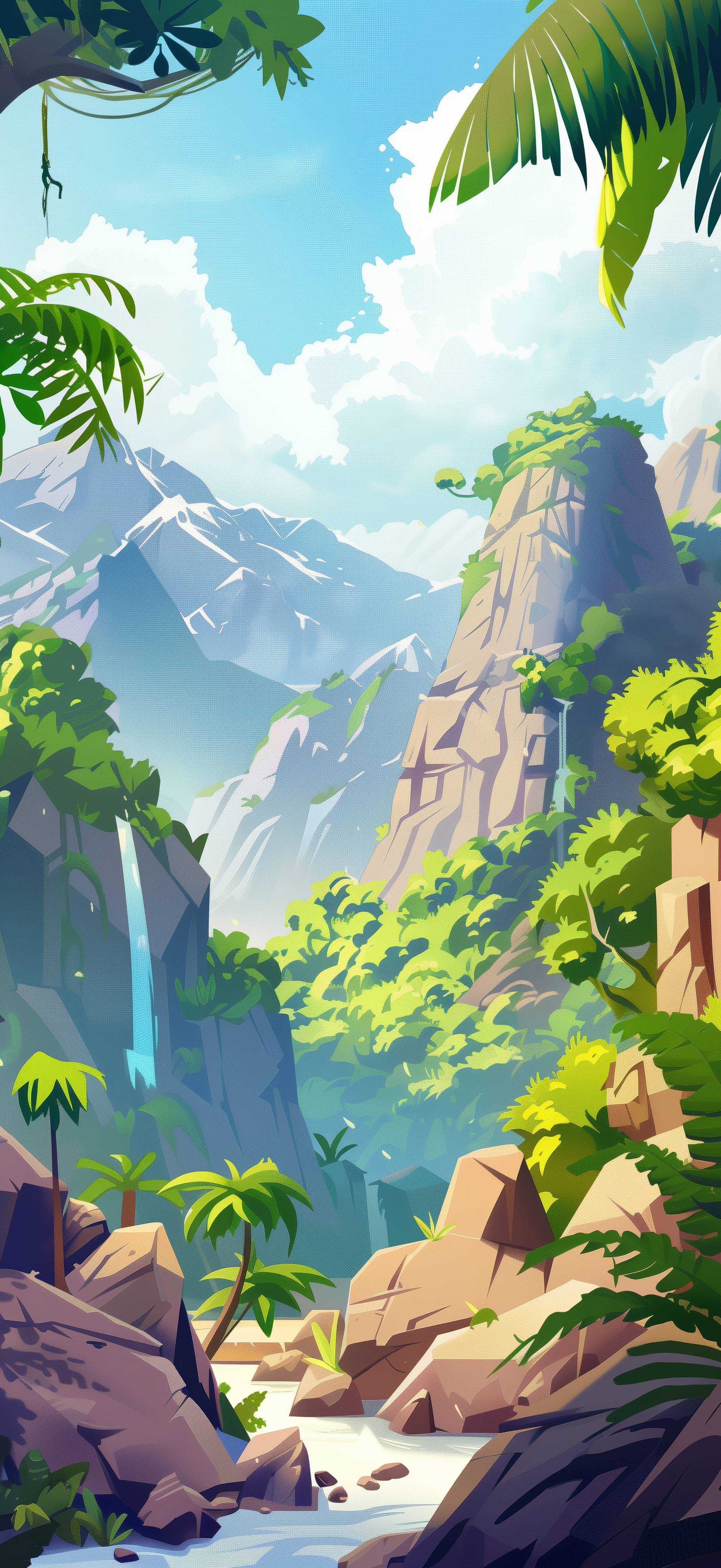 Tropical Cartoon Wallpaper Scenery With Palms and Waterfalls. Free AI Image