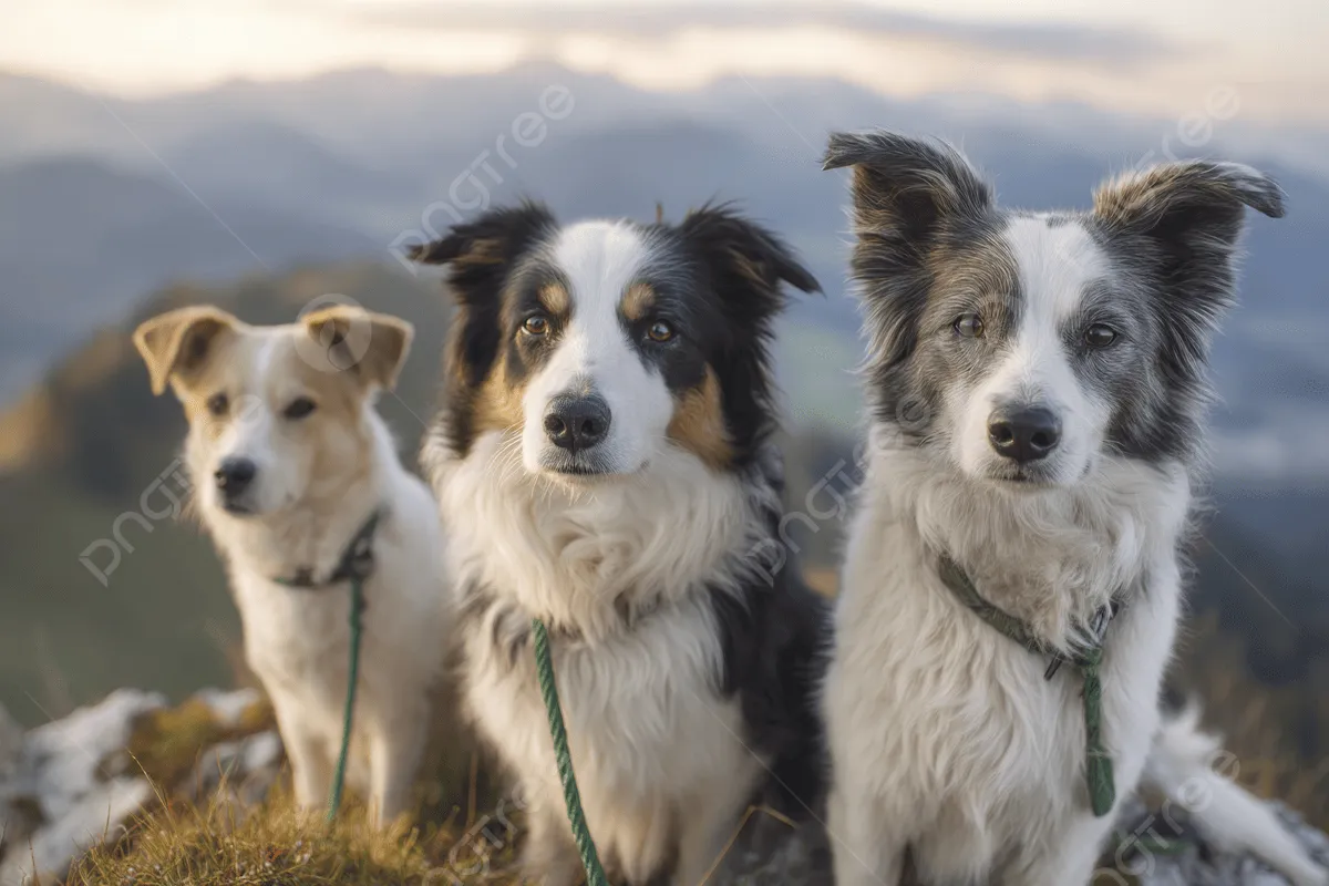 Three Border Collies And One Mixed Breed Dog Sitting On Top Of A Mountain Wearing Green Leashes With Mountains In The Background, Three, Border Collies, Mixed Background Image And Wallpaper for Free