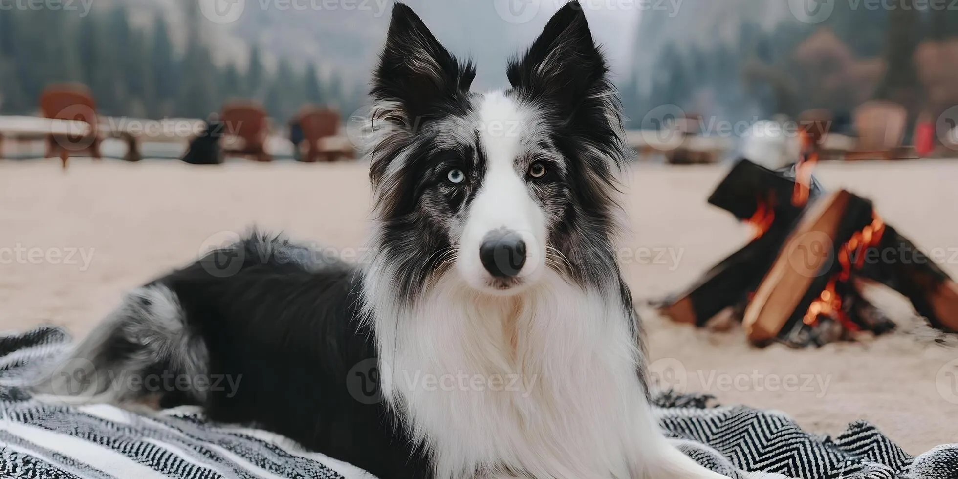 A beautiful black white and merle border collie dog with heterochromia rests on a blanket beside a campfire outdoors