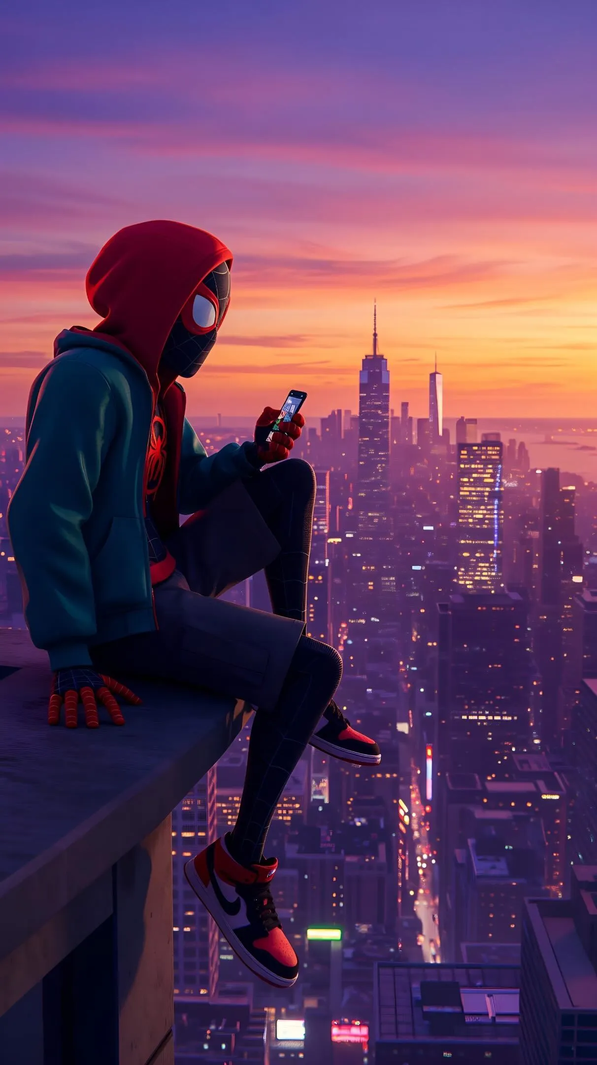 Spiderman Spider Man Looking Over New York City Sunset Best Depth Effect 3D Wallpaper And Background For Apple IOS 26 IPhone 17 IPhone 17 Pro Max