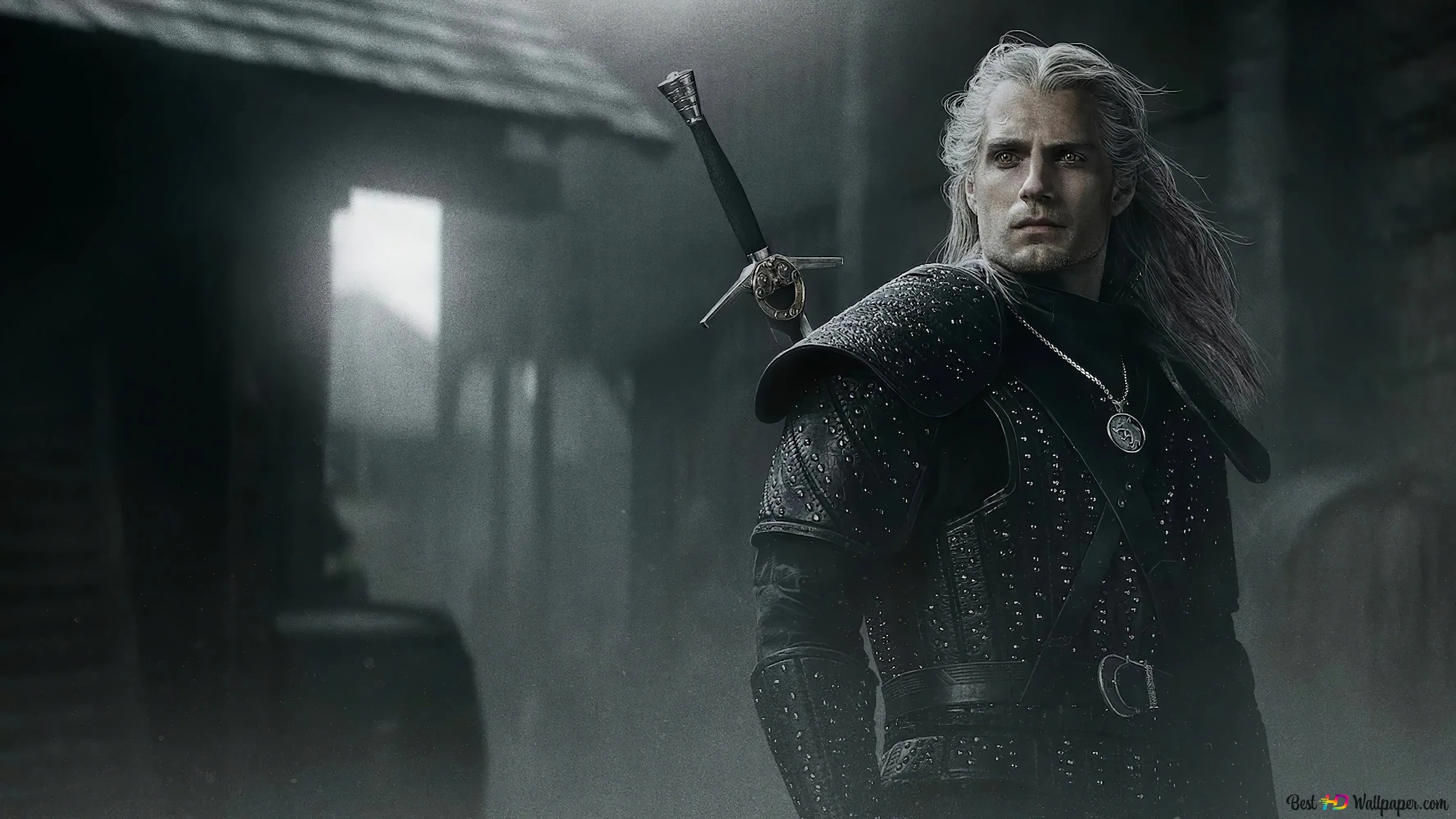 The Witcher character with white hair carrying a sword on his back is 4K wallpaper download