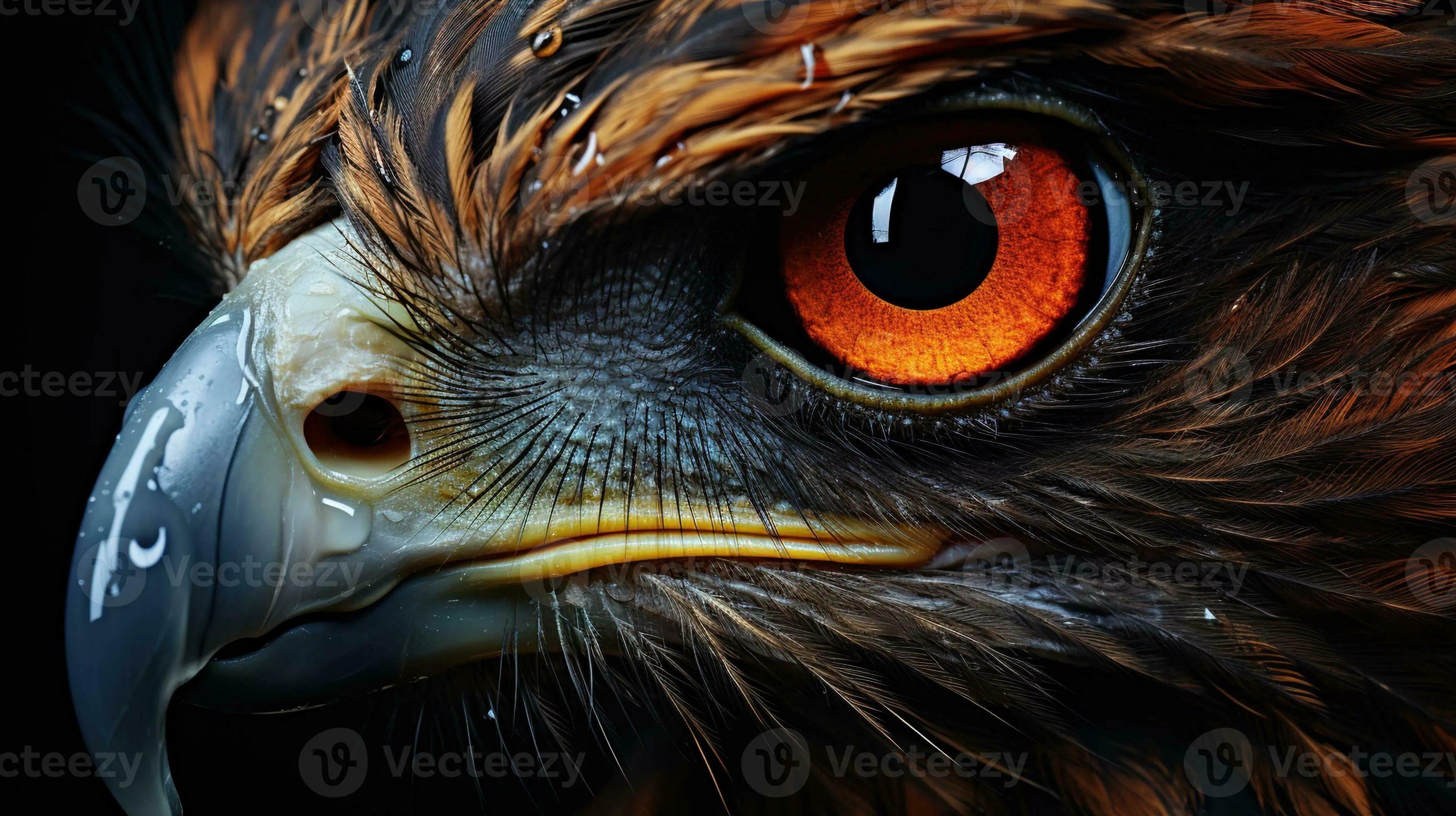 Intense Bird Of Prey Gaze, Close Up Of Red Tailed Hawk's Eyes And Full Body On A Dramatic Black Background, Revealing Nature's Wondersive
