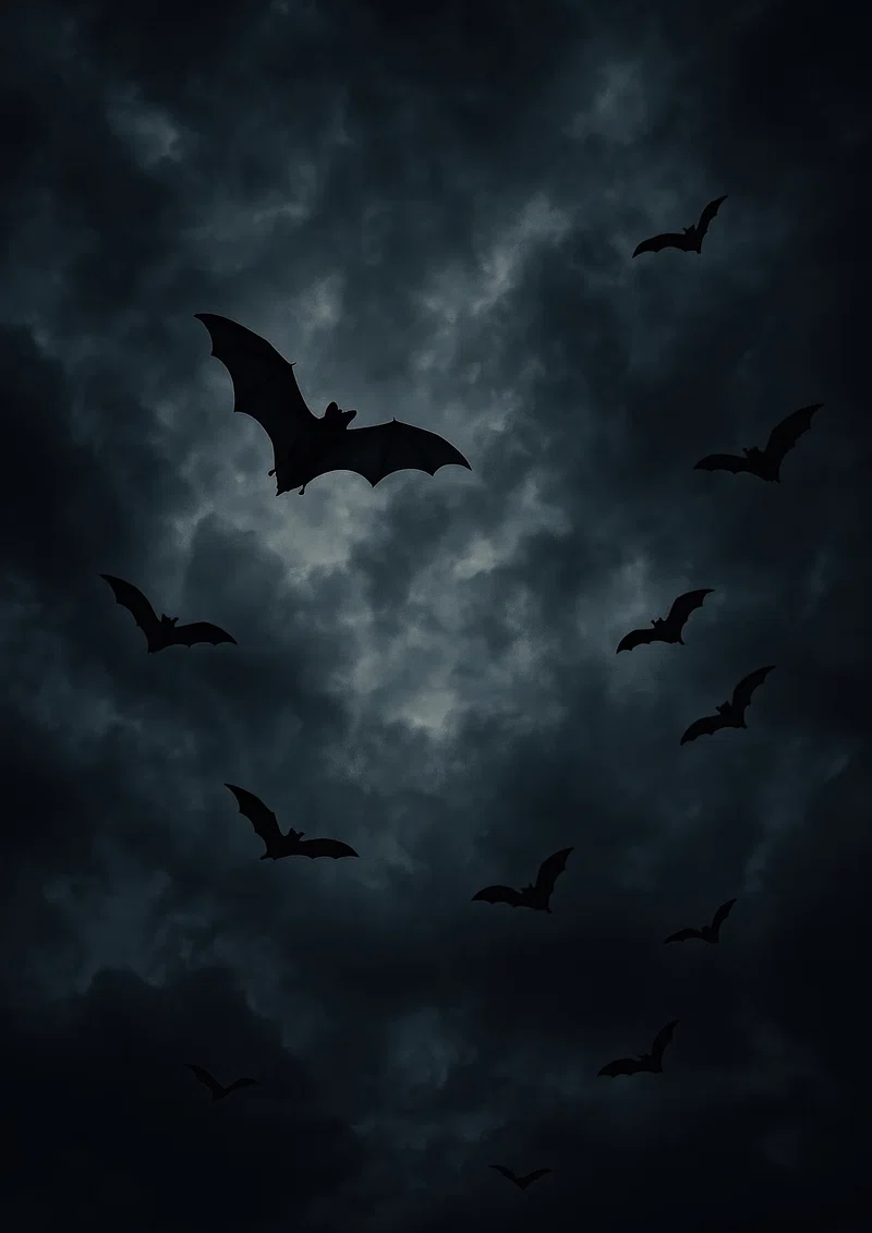 Dark bats silhouetted night sky