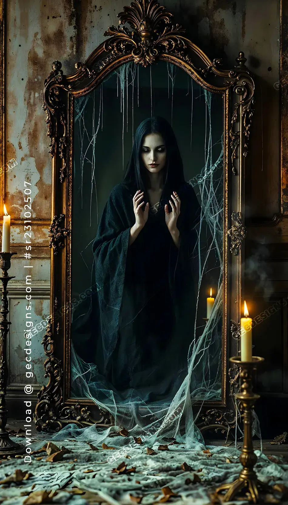 Eerie Halloween Theme iPhone Wallpaper with Haunted Mirror and Vintage Candles