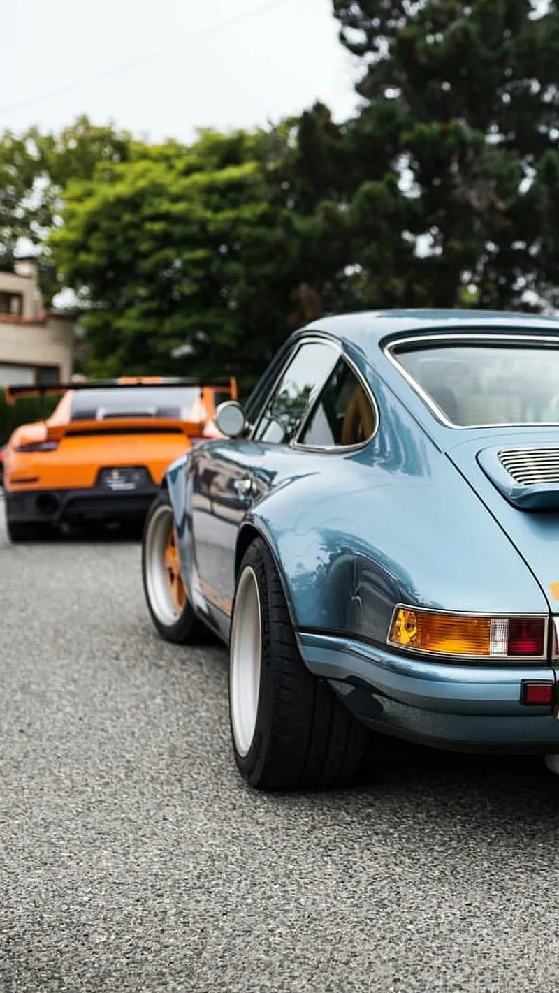 OLD vs NEW, porsche, carrera, classic car, new, gt3, blue, orange, car, hypercar, HD phone wallpaper