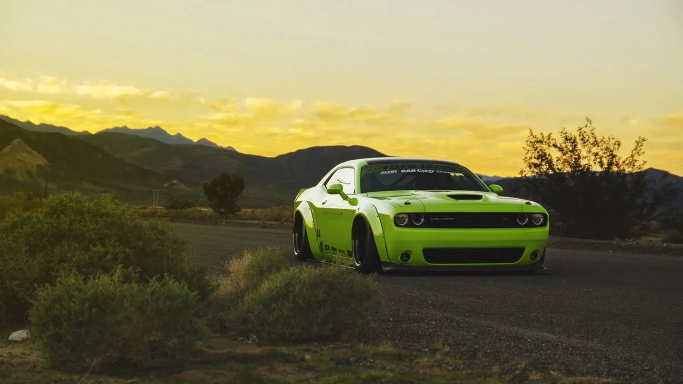 Download wallpaper 1366x768 dodge challenger, muscle car, tuning, light green tablet, laptop HD background