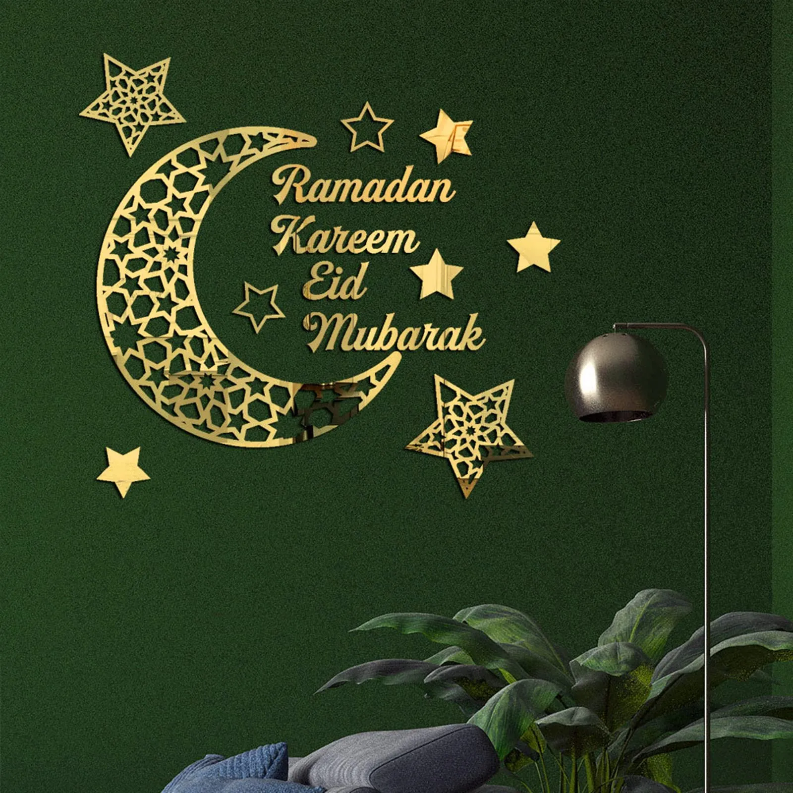 flangairy Ramadan Decorations for Home 2026, Gold Acrylic Ramadan Mubarak Eid Kareem Sign Crescent Moon Stars Wall Stickers Window Decal, Eid Al Adha Living Room Door Decor, Islamic Muslim Gifts