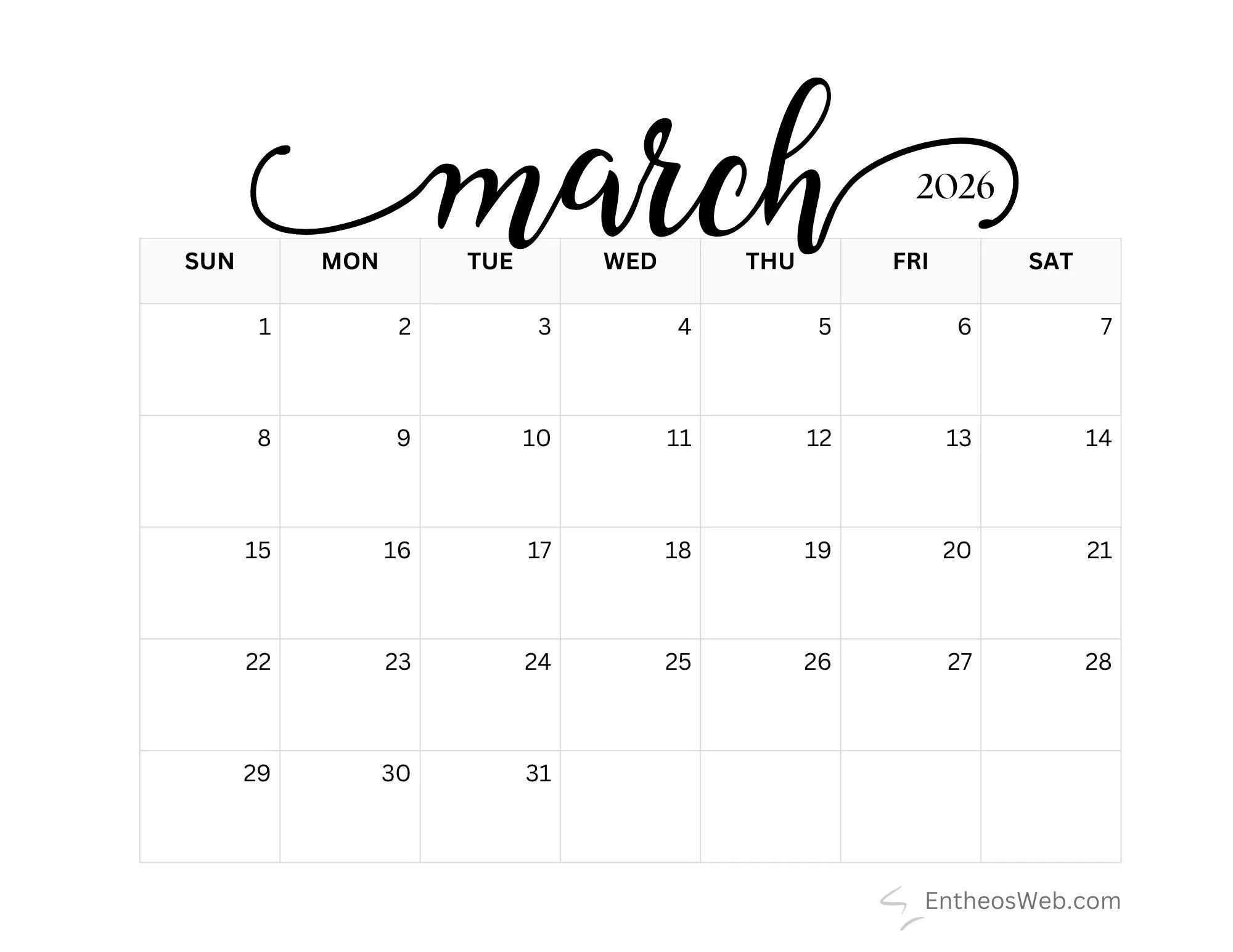 March 2026 Calendars