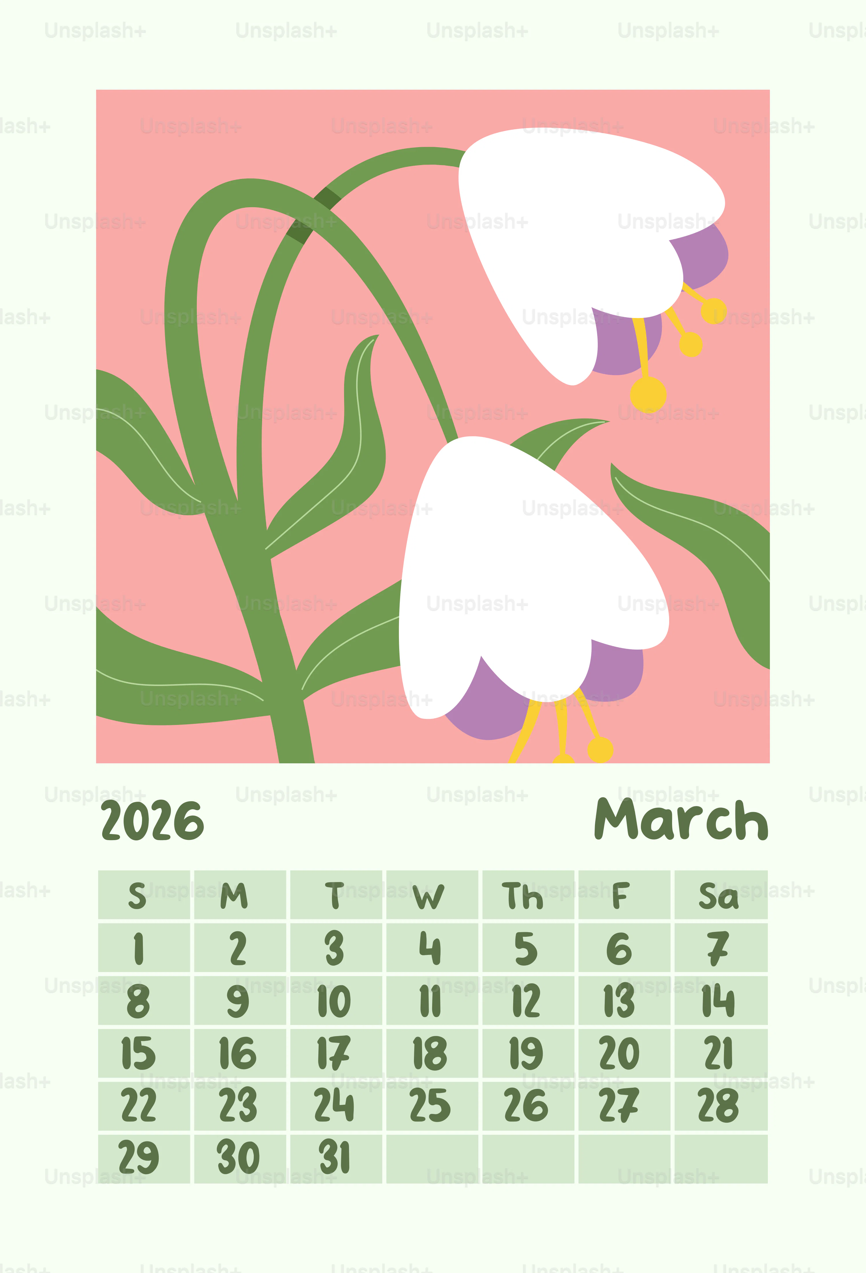 March 2026 calendar with floral illustration vector