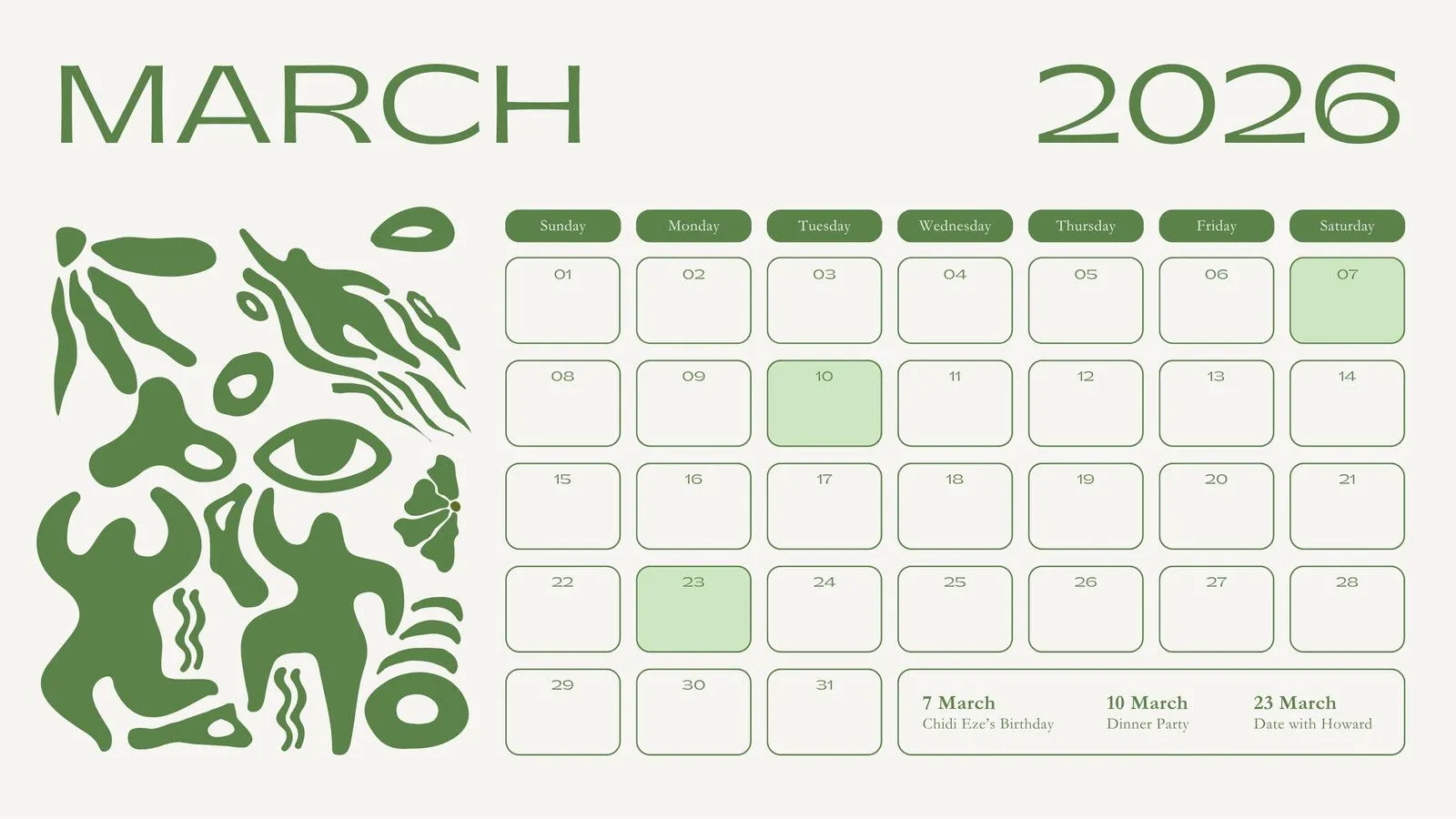 Free to edit and print March 2026 calendar