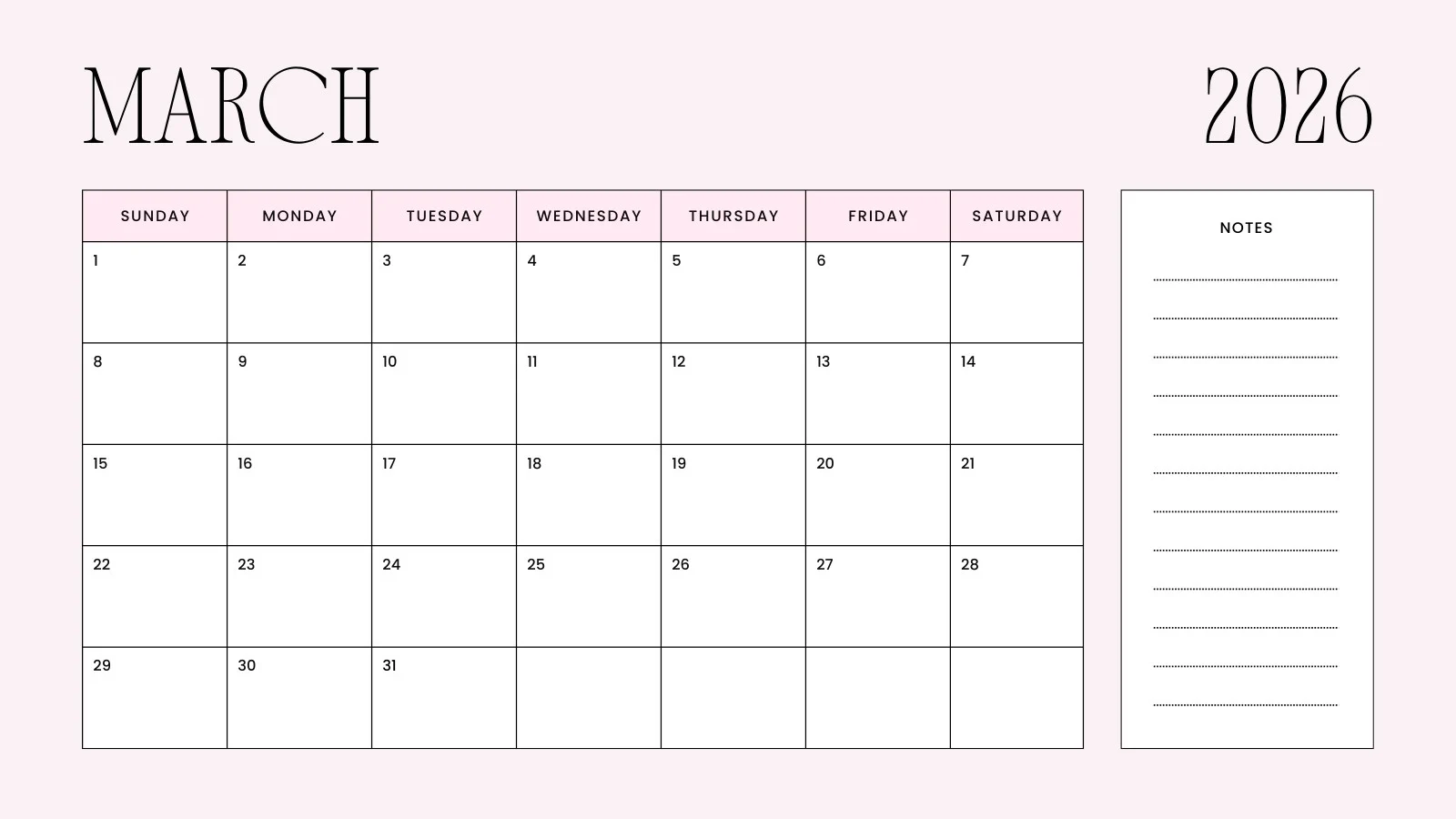 Free to edit and print March 2026 calendar