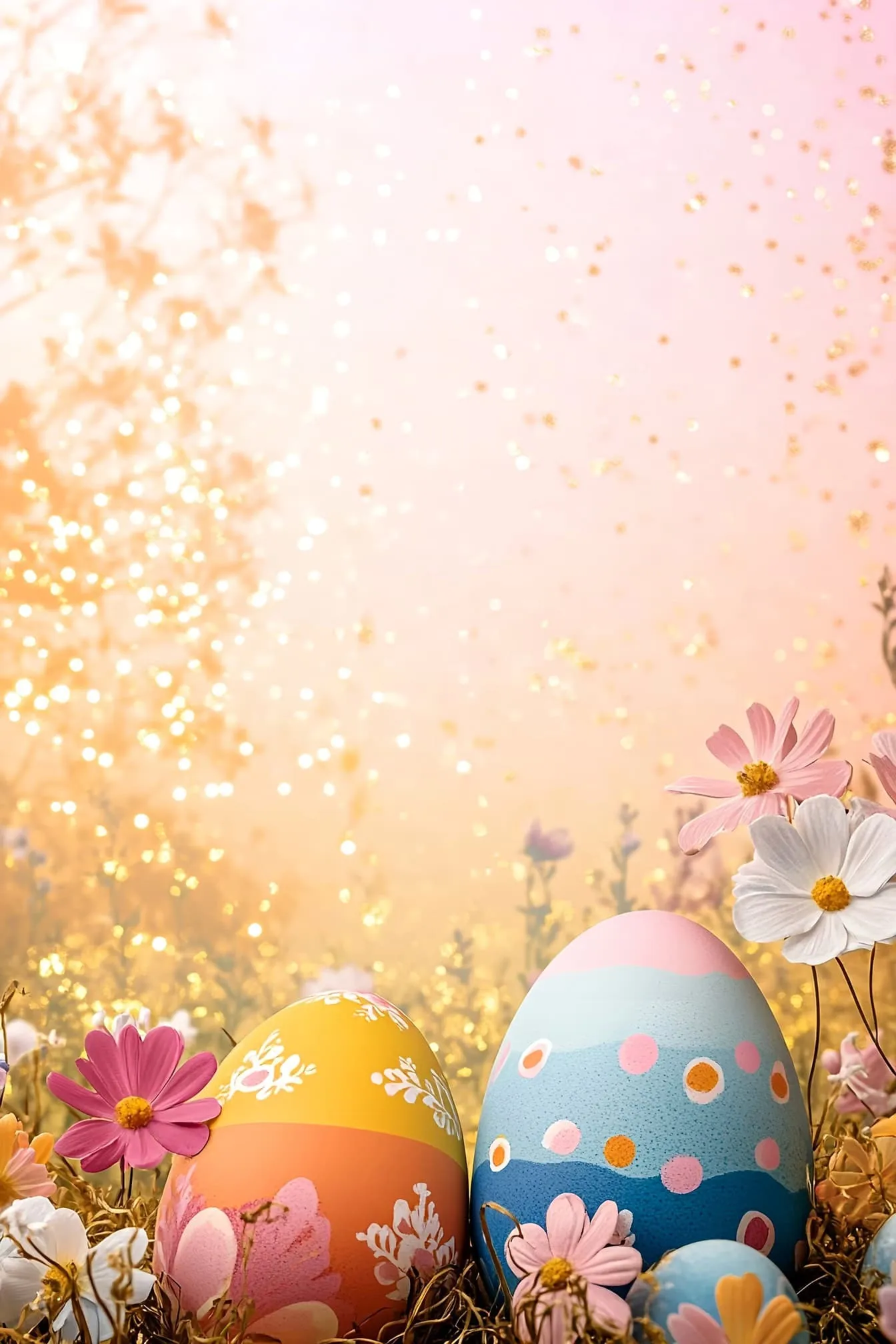 Free picture: Two beautifully colored Easter eggs, a free greeting card with pink and shiny background