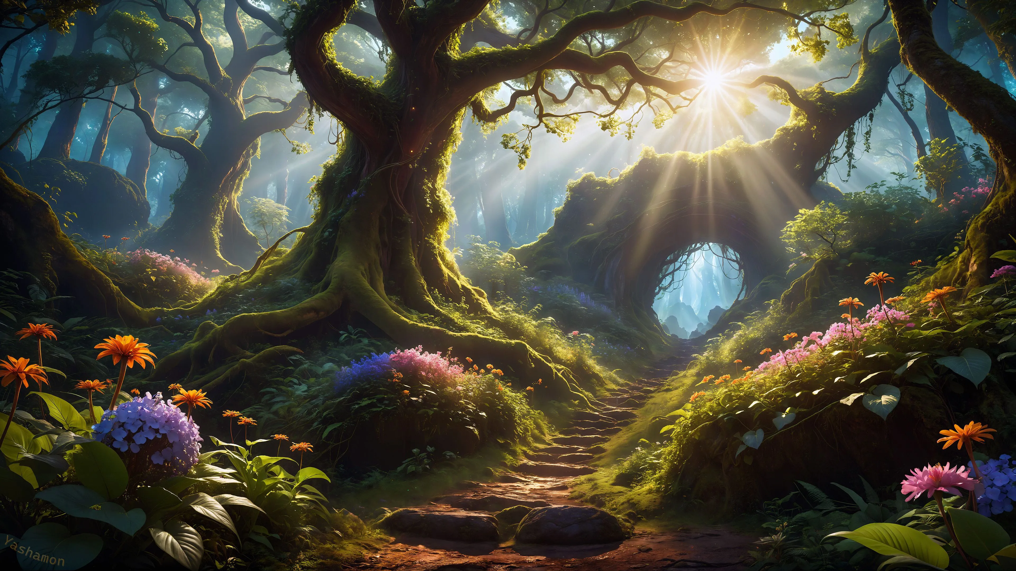 Mystical Forest Wallpaper 4K, Path, Sunlight, AI art