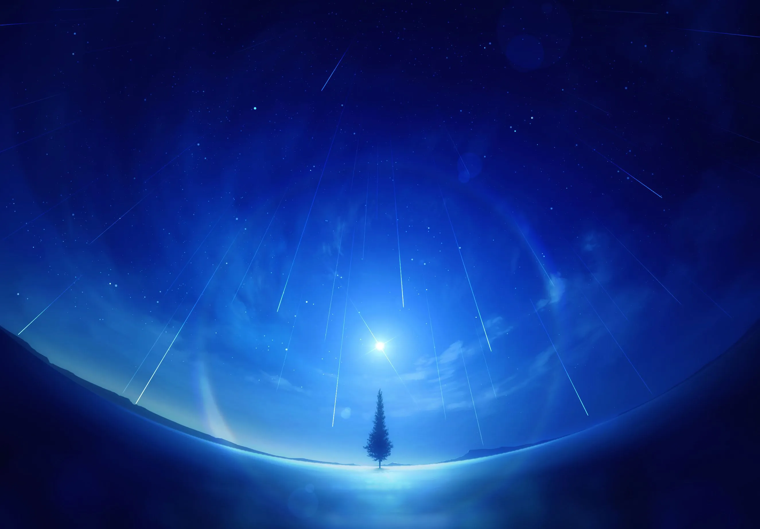 Desktop wallpaper: Fantasy, Landscape, Light, Shooting Star, Stars, Tree, Water 4K free download for PC. 932053