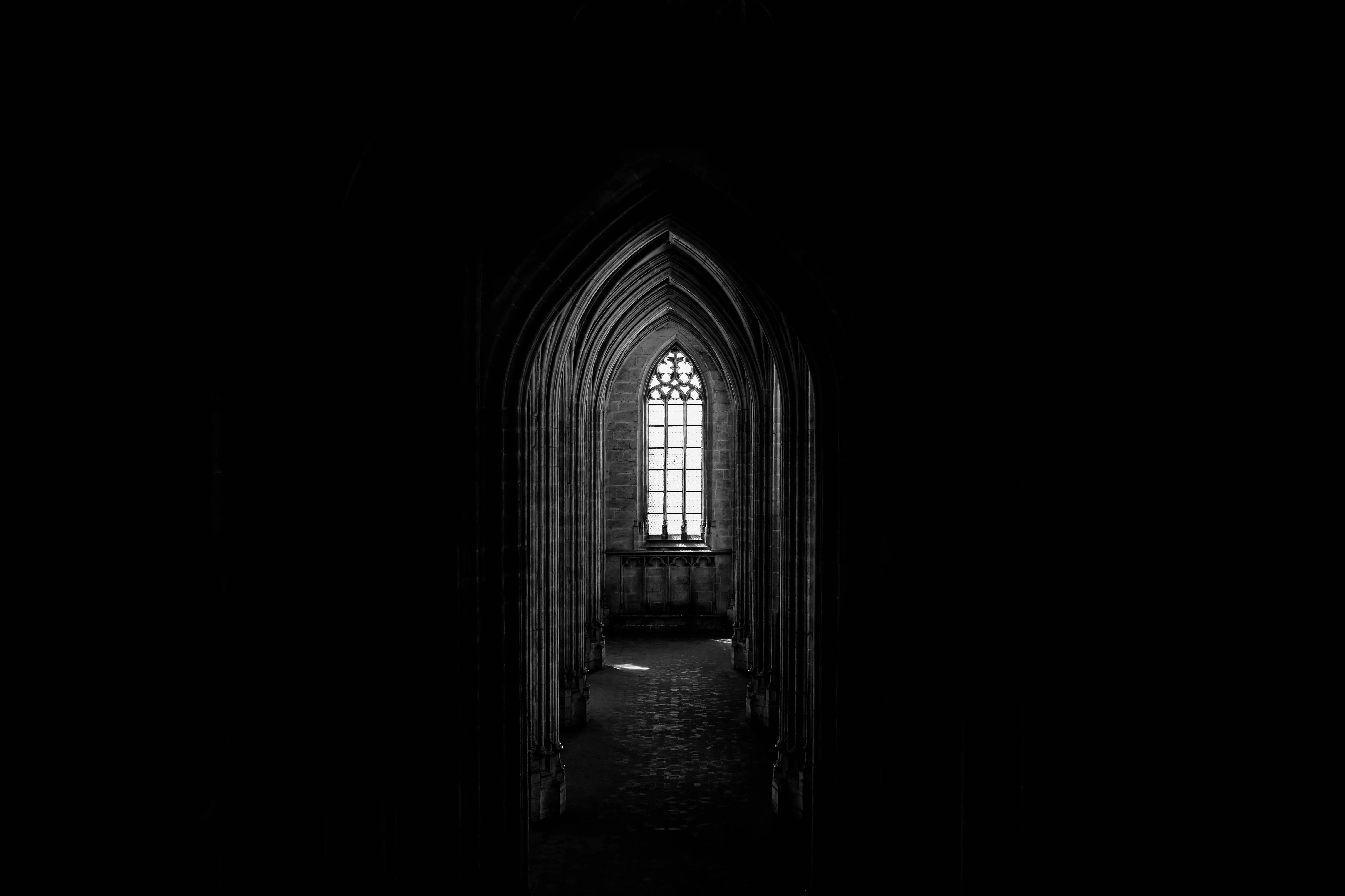 Browse Free HD Image of A Gothic Church Window Illuminates A Corridor Of Archways