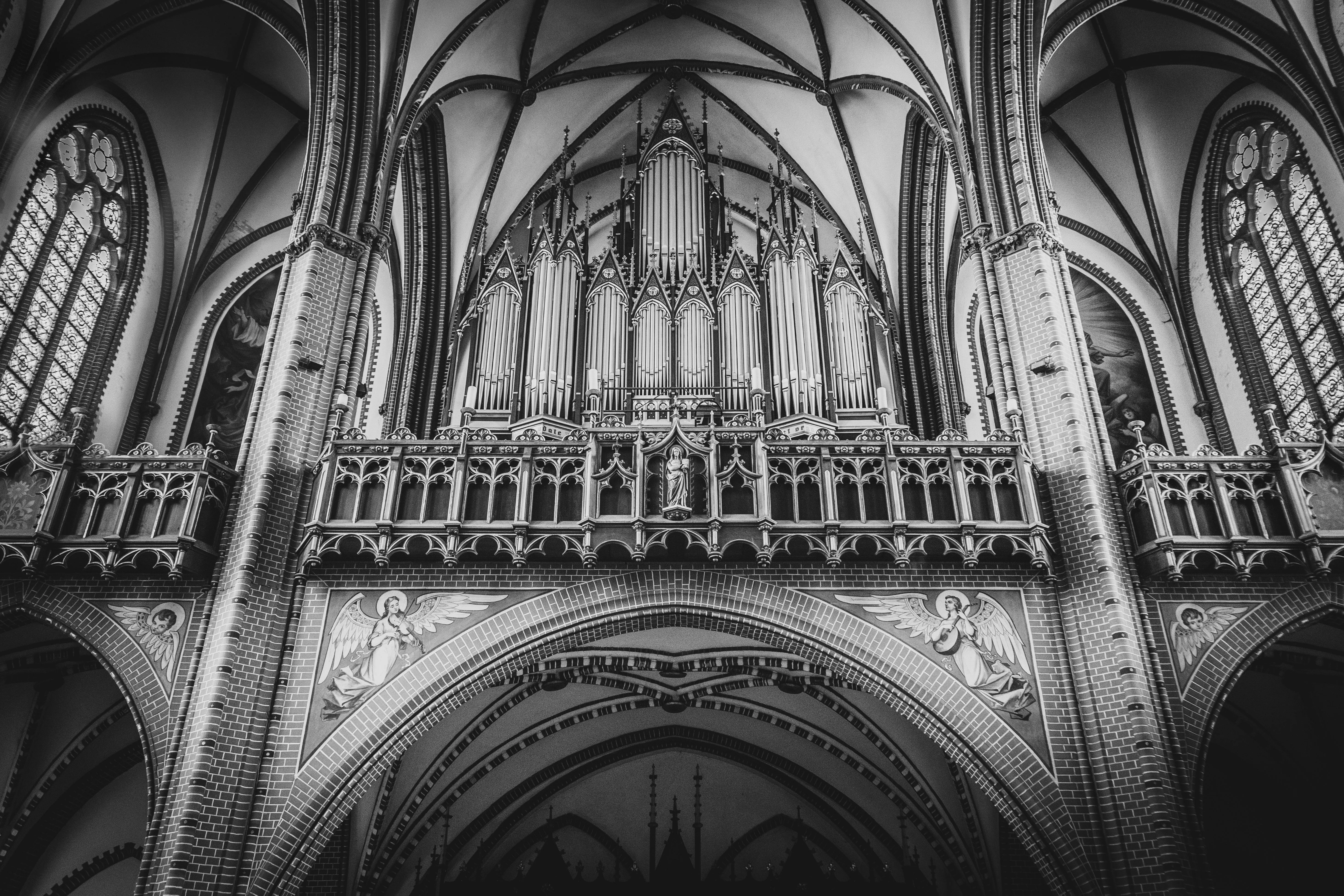 4K, Interior, Pipe Organ, Monochrome, Gothic, Church, HD Wallpaper
