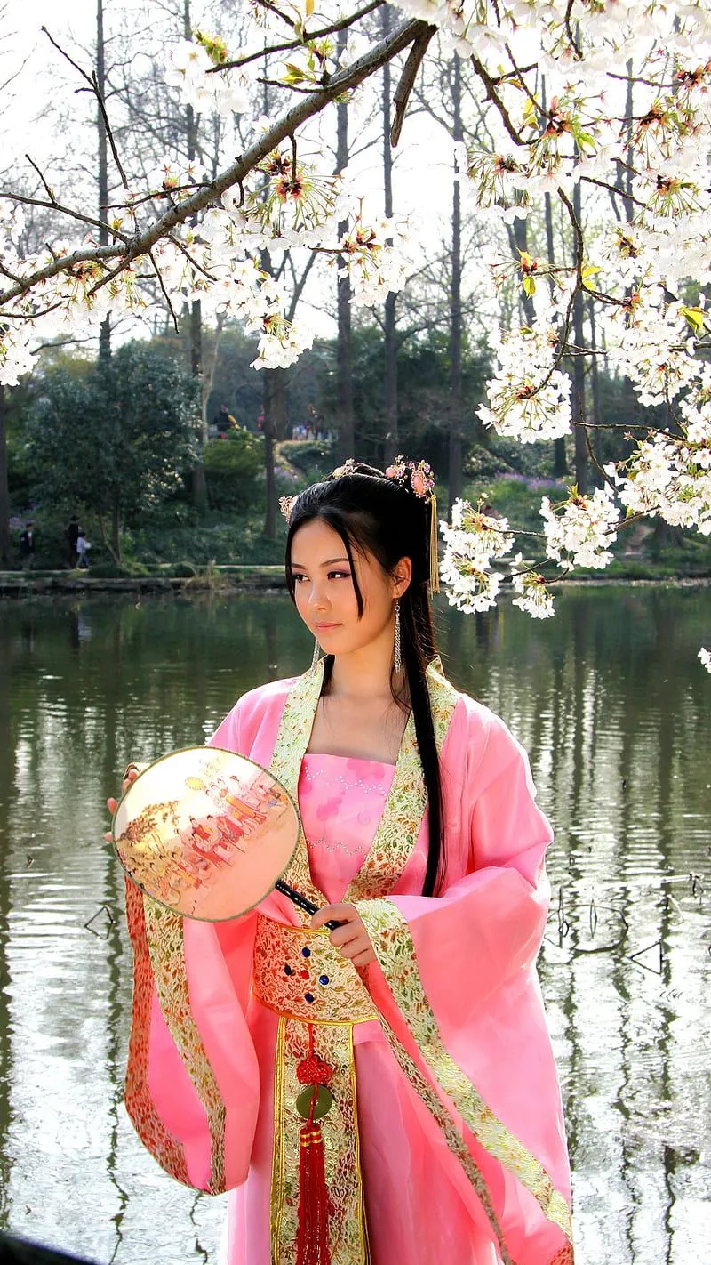 Asian beauty, asian, bonito, chinese, costume, flowers, girl, lake, nature, suit, HD phone wallpaper