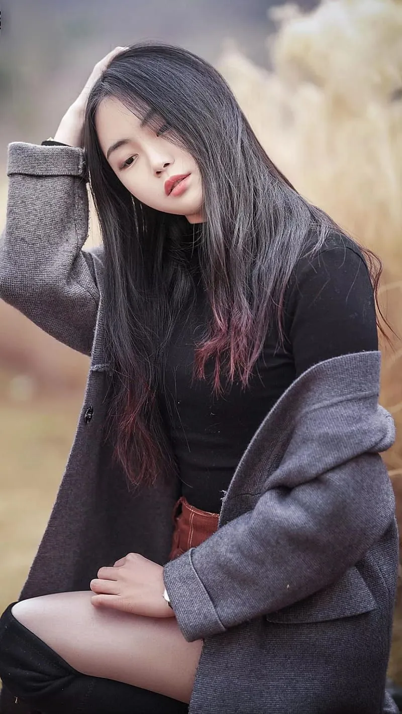 Pretty asian, asian, black hair, coat, cold, girl, gris, pretty, pretty girl, HD phone wallpaper