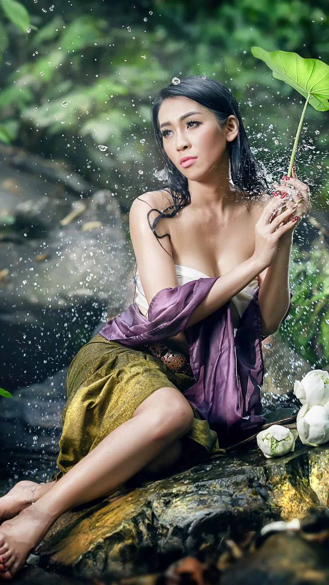 Beautiful Asian Girl, , Water Droplets, Green Leaves, Pose 1206x2622 IPhone 16 17 Pro Wallpaper, Background, Picture, Image