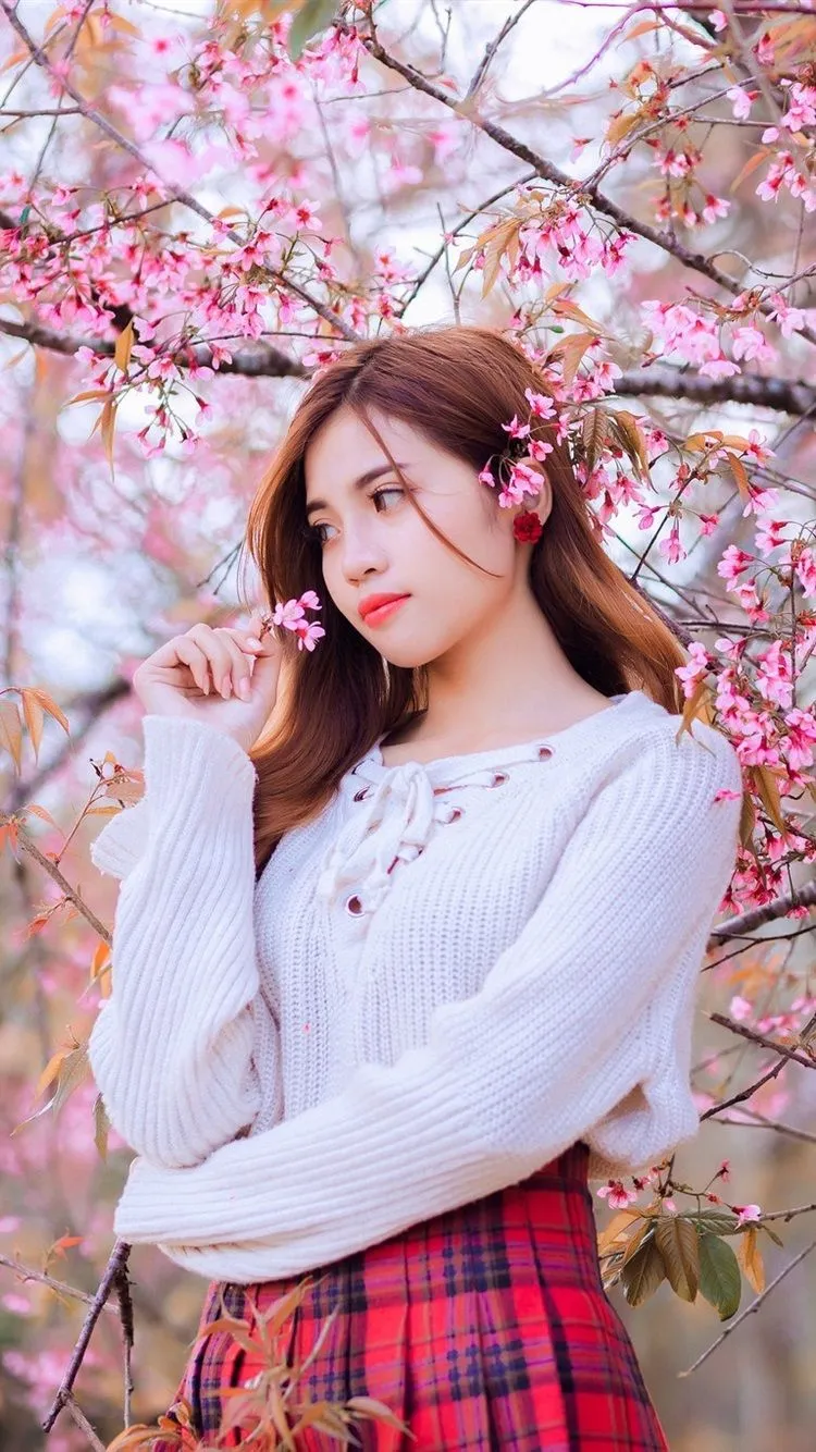Asian Girl, Pink Flowers Bloom, Tree, Spring 750x1334 IPhone 8 7 6 6S Wallpaper, Background, Picture, Image