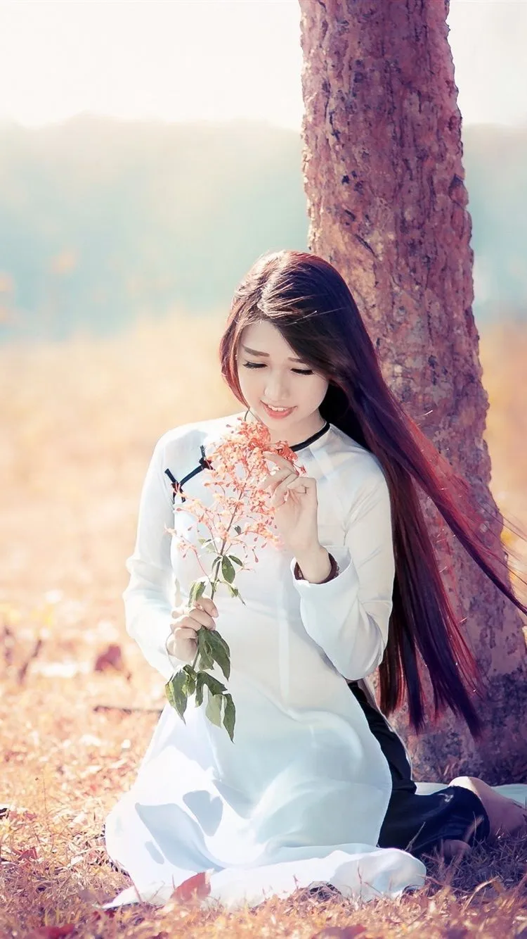 Smile Asian Girl, Long Hair, White Dress, Under A Tree 750x1334 IPhone 8 7 6 6S Wallpaper, Background, Picture, Image