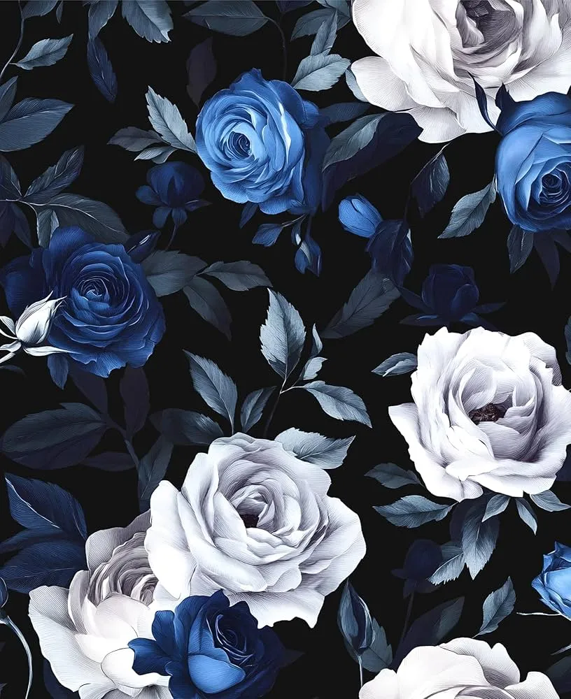 Black Foral Wallpaper Peel And Stick Dark Blue White Rose Contact Paper, Self Adhesive Removable Vintage Flower Wall Paper For Bedroom Countertop Desk Cabinets Decor 17.4 X 118 Renter Friendly