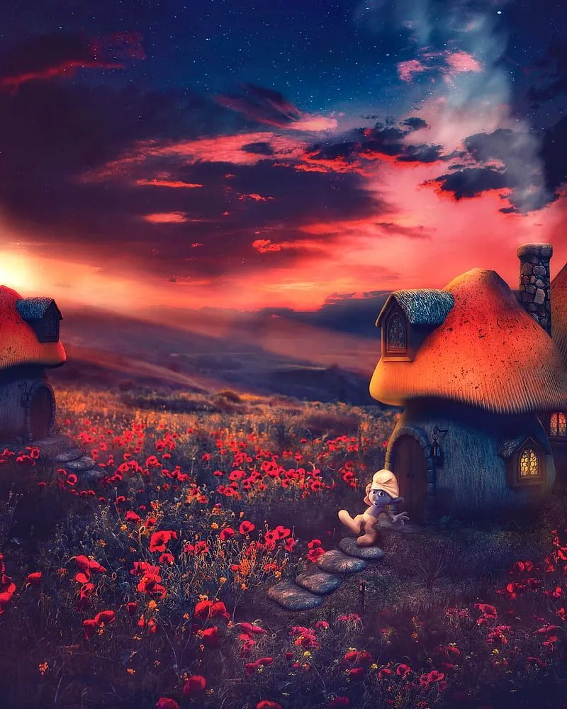 Smurfs, cartoon, flowers, landscape, nature, red, sky, sunrise, sunset, village, HD phone wallpaper