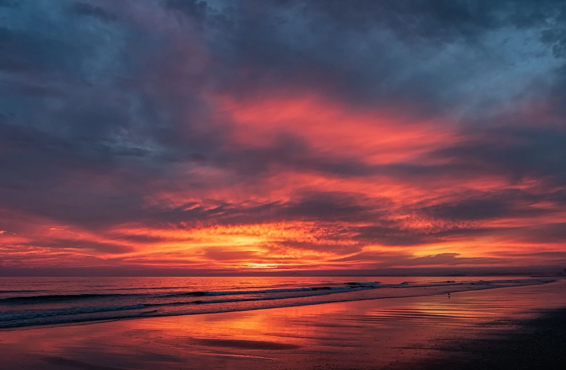 Free Image, sunset, ocean, afterglow, red sky at morning, horizon, sunrise, dawn, atmosphere, sea, calm, dusk, shore, evening, cloud, sun, sunlight, daytime, computer wallpaper, wind wave 1980x1294