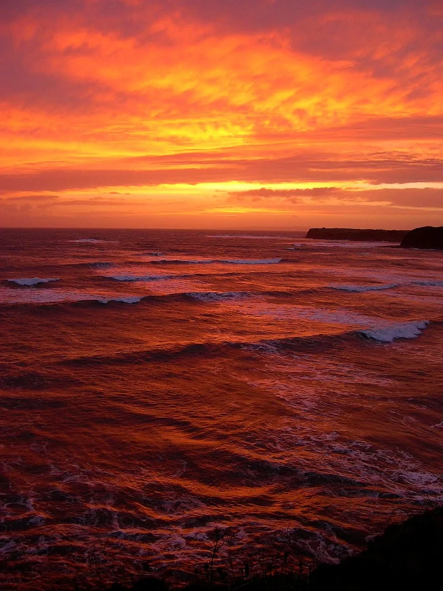 sea, red, sky, digital, wallpaper, kimmeridge bay, sunset, waves