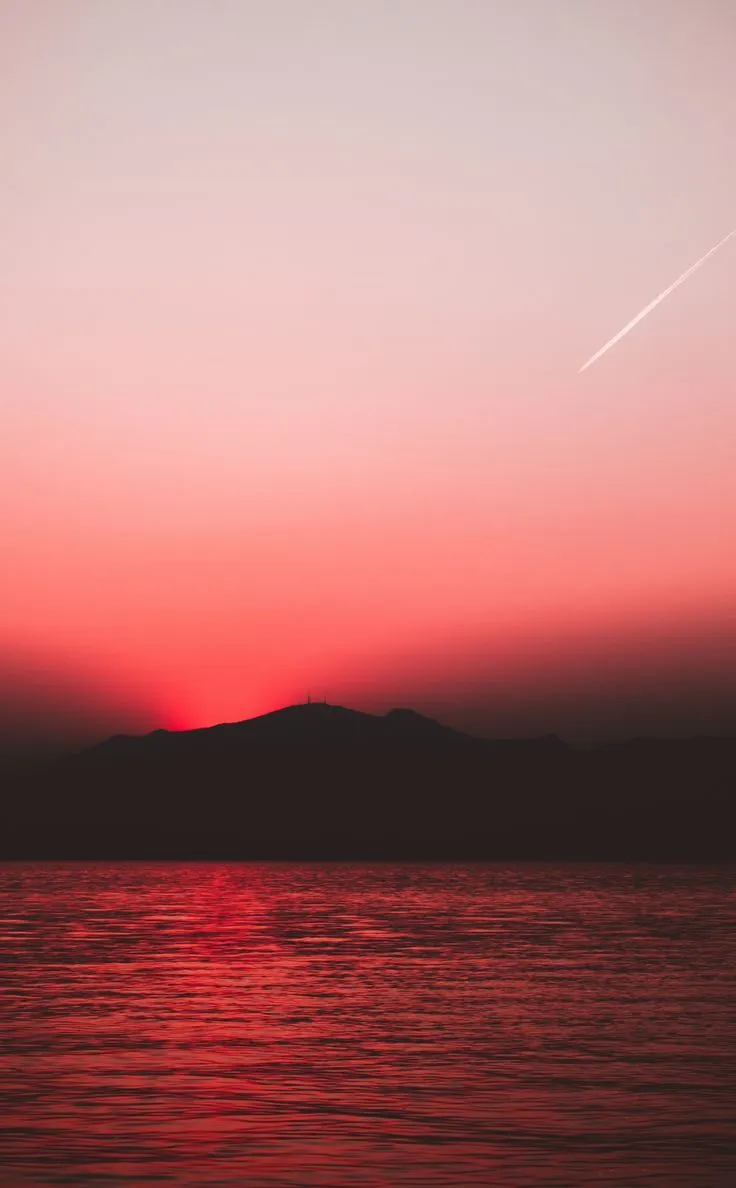 Sunset, red sky, sunset, nature, hill, lake, 950x1534 wallpaper
