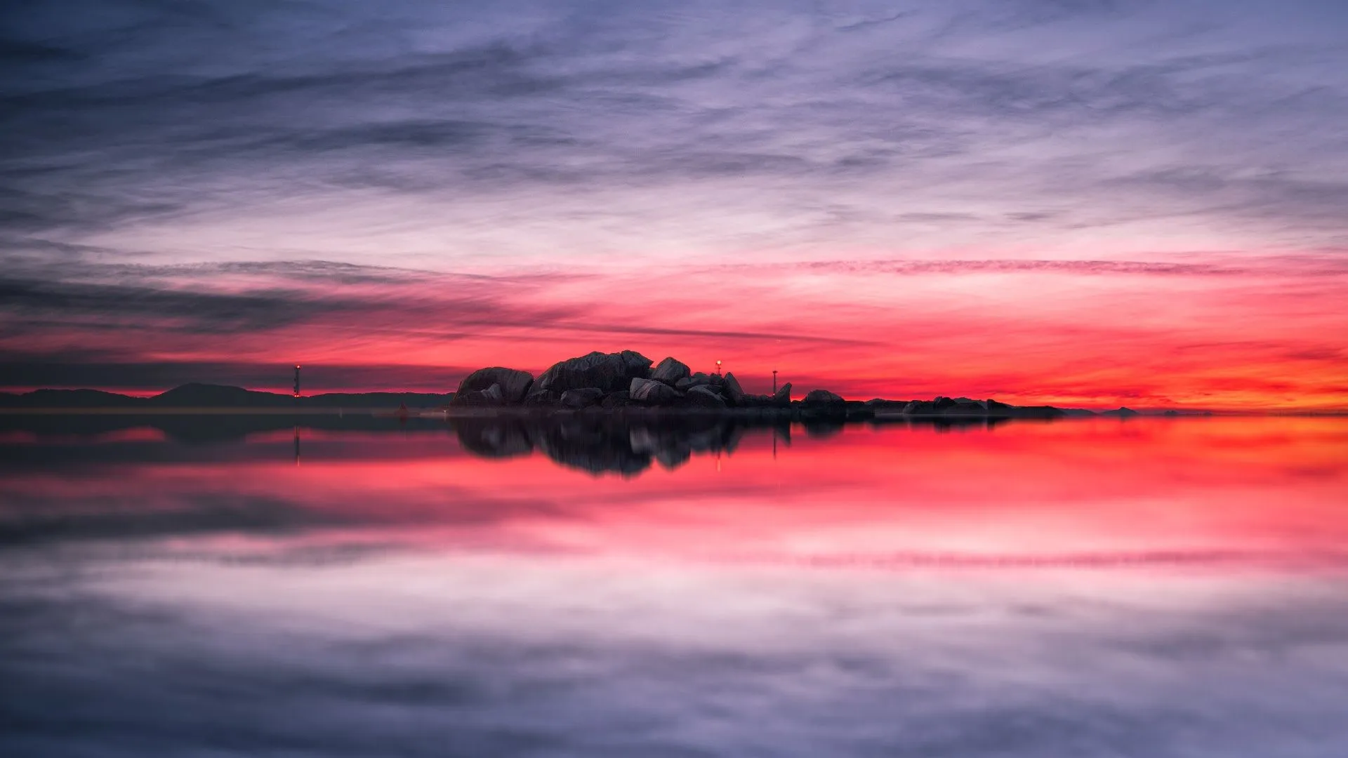 Sunset Wallpaper 4K, Rocks, Lake, Red Sky, Landscape