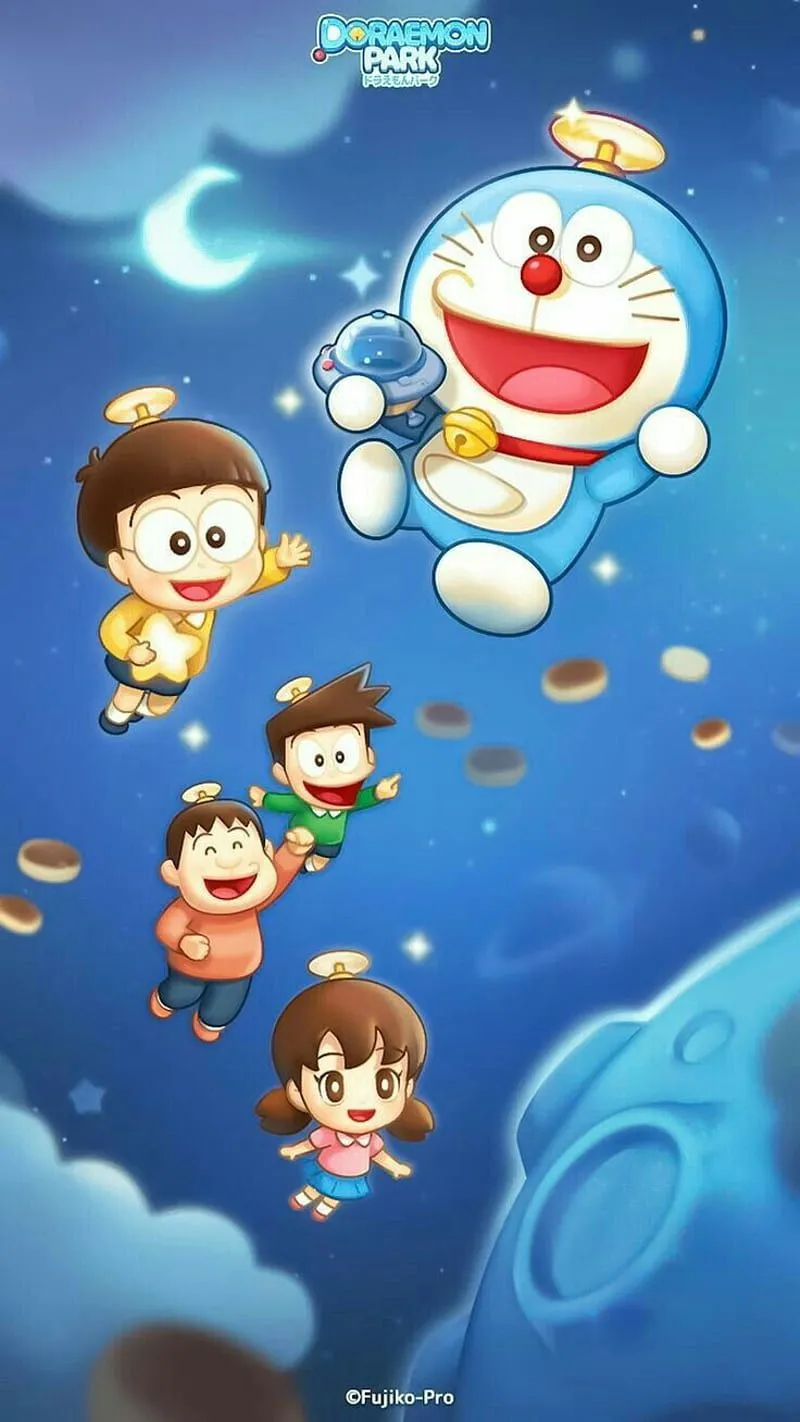 Doremon, blue, cartoon, family, friends, sky, star, HD phone wallpaper