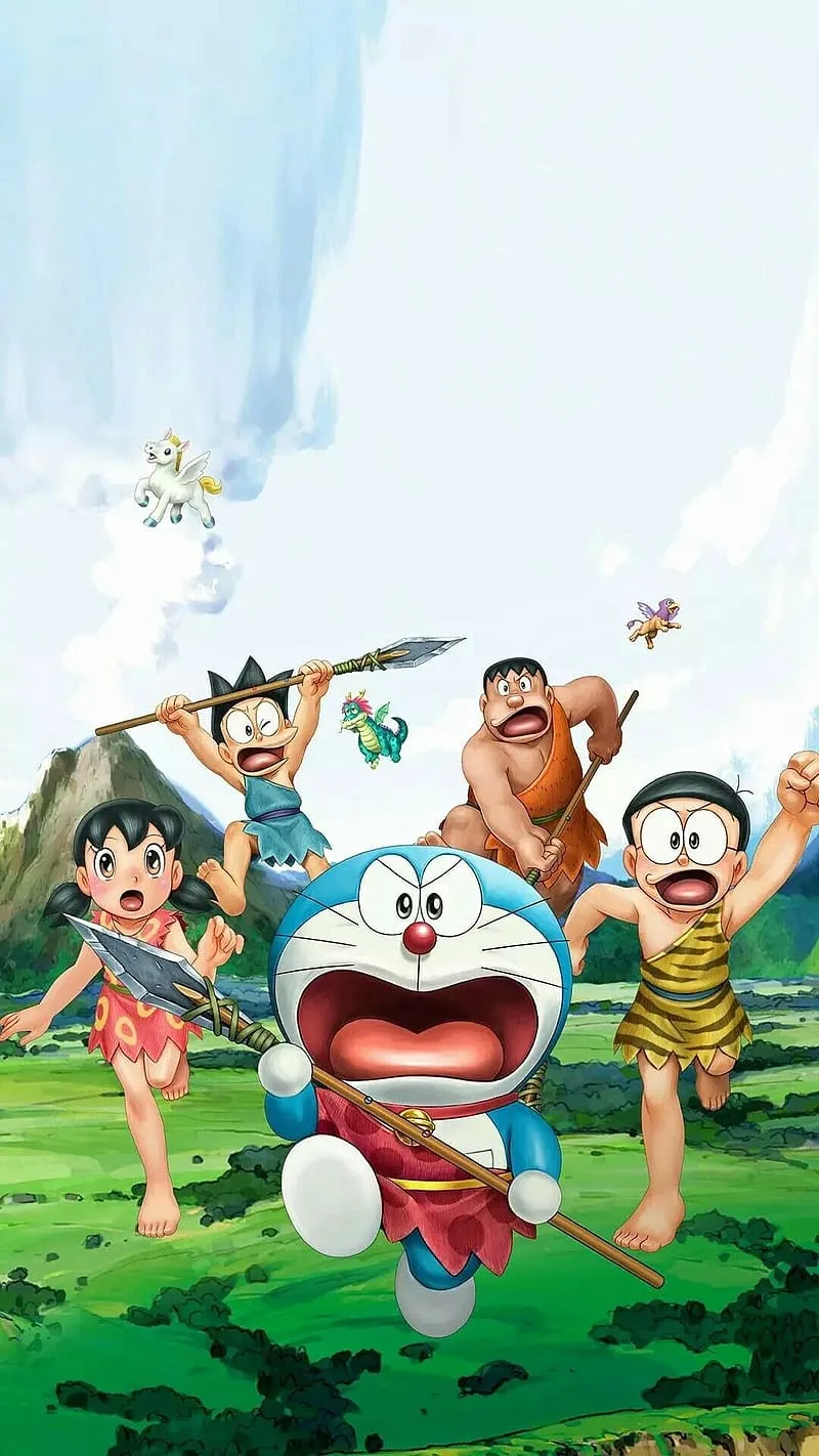 Doraemon In The Jungle, doraemon, nobita, suzuka, gian, suneo, cartoon, HD phone wallpaper
