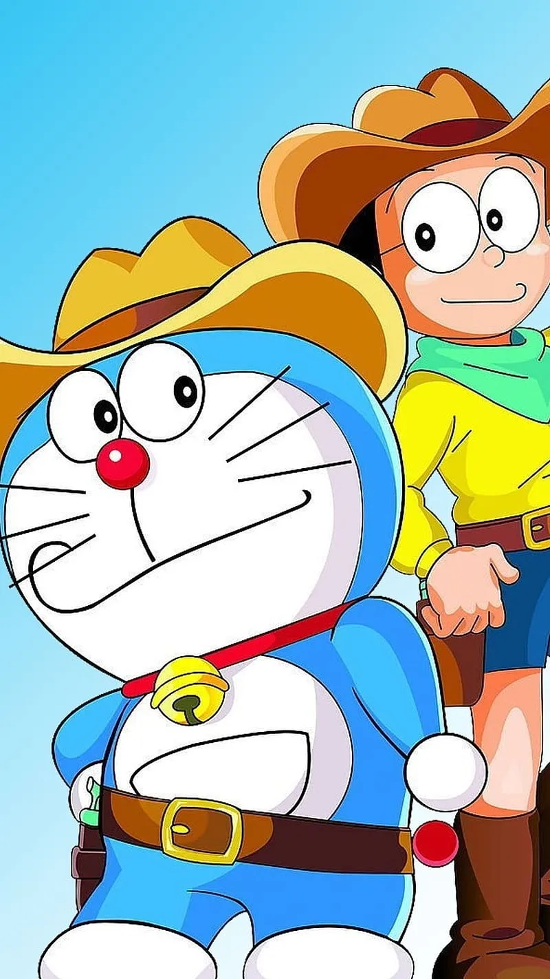 Doraemon In Cowboy, doraemon, cowboy, nobita, cartoon, animated, blue, yellow, HD phone wallpaper