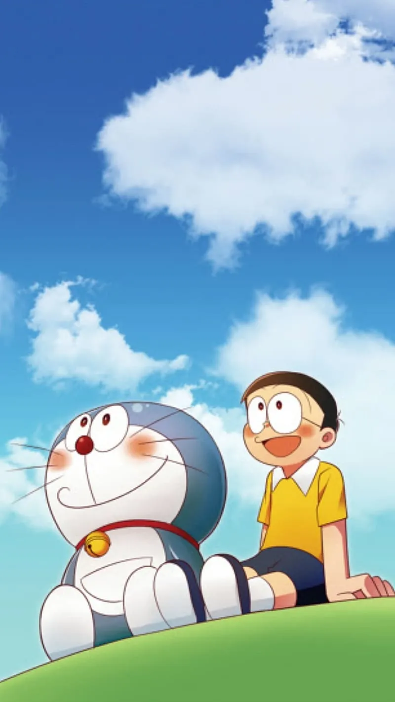Doraemon With Clouds Background, doraemon, clouds background, nobita, sitting, HD phone wallpaper