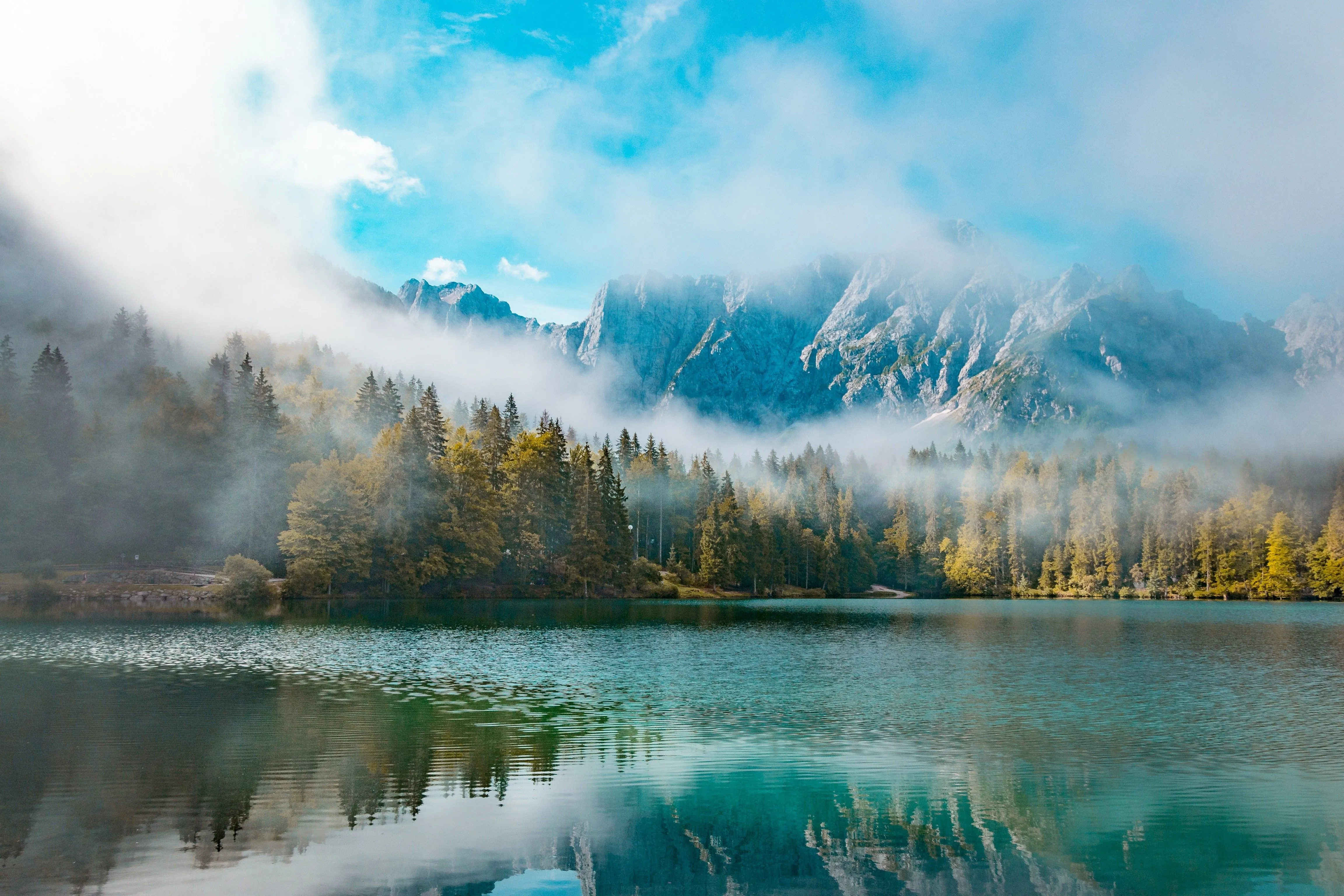 4K, Nature, Clouds, Forest, Cyan, Lake, Landscape, Italy, Mist, Mountains, HD Wallpaper