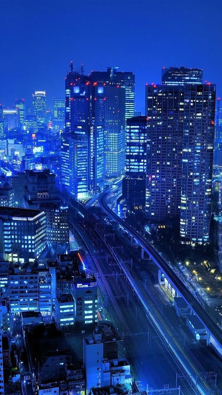 Japan, City, Skyscrapers, Buildings, Night, Lights, Blue Style 750x1334 IPhone 8 7 6 6S Wallpaper, Background, Picture, Image